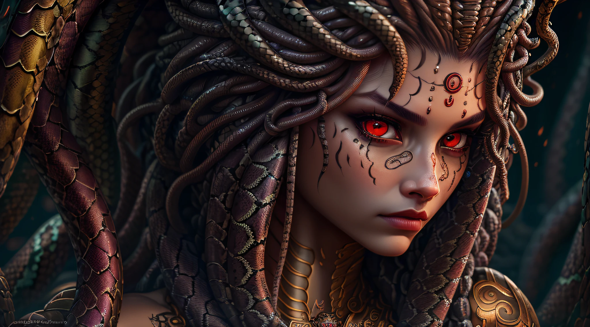 ((best quality)), ((realistic)), Medusa, upper body, hair consists of numerous snakes, red eyes, female face, metal underwear, trend in artstation, clear focus, studio shot, intricate detail, highly detailed, detailed eye, illustration, highly detailed, sharp focus, digital render, professional, 4k