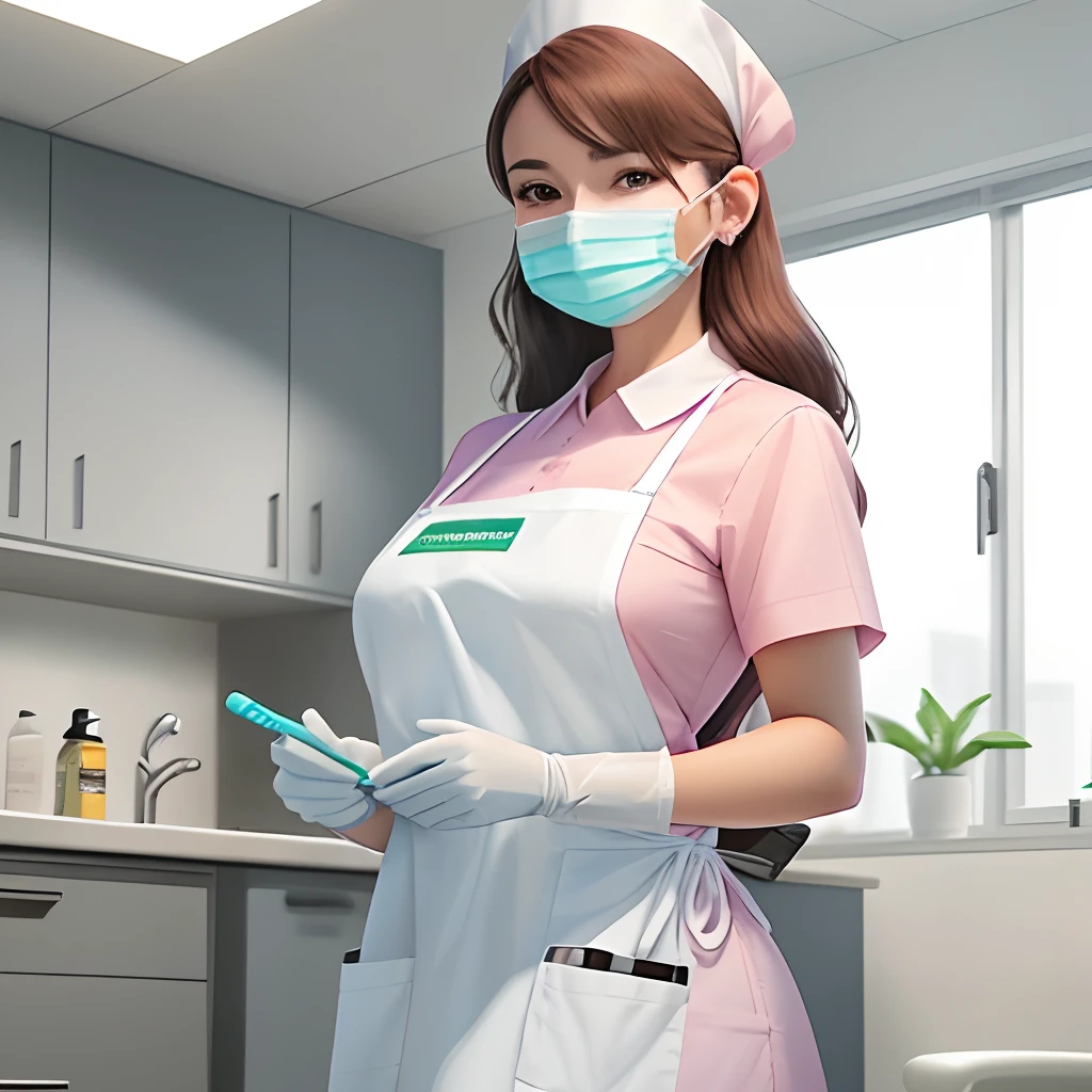 Illustration of a female dental hygienist wearing a white dress with a pink floral medical apron, mask and rubber gloves
