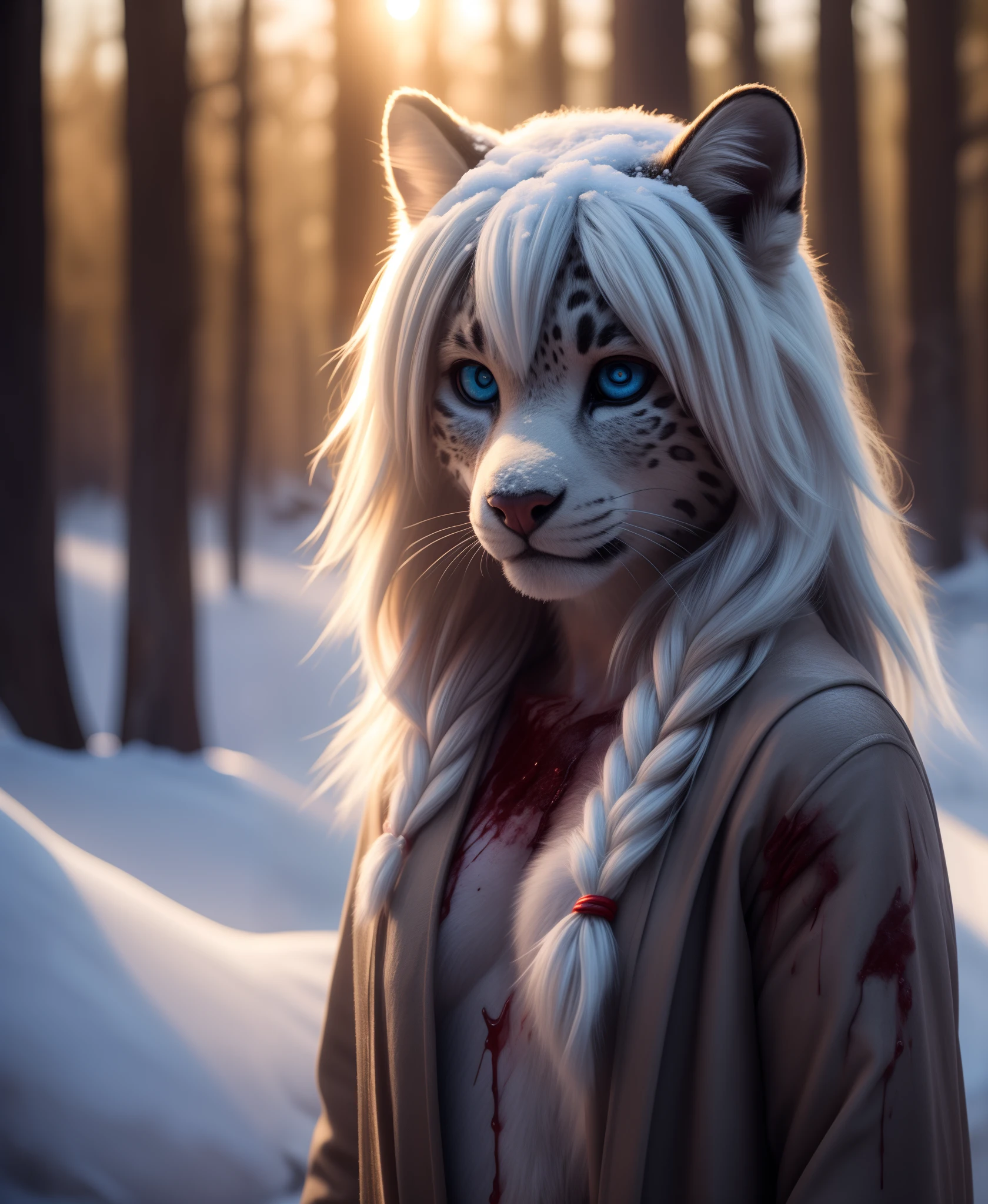(blood runs down the fur, girl covered on blood, blood on snow:1.4), (male dead corpse:1.4), winter forest, realistic snow, detailed background, furry female, snow leopard, body fur, fur, anthro, fluffy, neck fur, body fur, animal ears, animal nose, blush, nude, pawpads, outdoors, blue detailed eyes, long hair, hair ornament, white hair, full body, smiling, cute, shy, young, petite, slim, feminine, large eyes, , 3d octane render, unreal engine raytraced screenshot, cgi, photorealistic, redshift, unrealistic lighting,high detail, realistic, masterpiece, absurdres, best quality, HDR, high quality, high-definition, extremely detailed, 8k wallpaper, intricate details, 8K uhd, Full-HD, (realistic photo:1.2), contrast, harsh lighting, cinematic lighting, natural lighting, hard light, backlighting, ray tracing, global illumination, ambient occlusion, depth of field, Field of View, lens flare, bloom, stunning environment, Rim Lighting, Soft Lighting, Accent Lighting, Filmic, Tonal Colors, Nikon D750, Brenizer Method, F/2.8, Tonal Colors, ProPhoto RGB, Perfectionism, Diffraction Grading, RAW photo, dslr, film grain, Fujifilm XT3