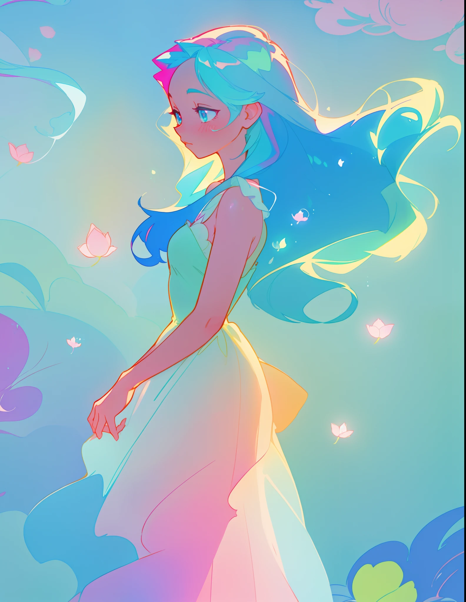 beautiful girl in colorful flowing ballgown, fairy dress, long flowing blue hair, blue aqua mint and pink colors, bubbles, watercolor illustration, inspired by Glen Keane, inspired by Lois van Baarle, disney art style, by Lois van Baarle, glowing aura around her, by Glen Keane, jen bartel, glowing lights! digital painting, flowing glowing hair, glowing flowing hair, beautiful digital illustration, fantasia otherworldly landscape plants flowers, beautiful, masterpiece, best quality, anime disney style