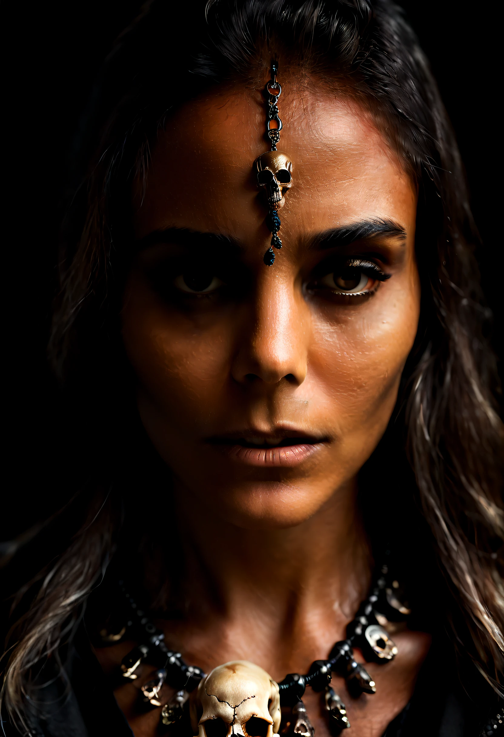 cinematic film still dramatic side lighting, dramatic intense stare closeup portrait, dark black background, hdr, dramatic beautiful brazilian woman, pelt, skull necklace, shallow depth of field, vignette, highly detailed, high budget Hollywood film, cinemascope, moody, epic, gorgeous