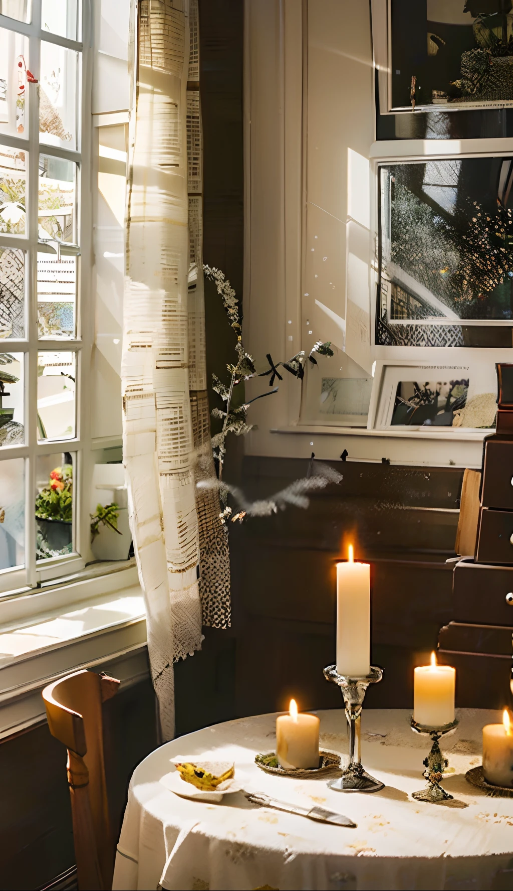 tmasterpiece,best qualityer,Photographic photos of winter,inside in room,the sun shines through the window,Next to the window is a table,There were sweaters and lit candles on the table,turning pages,There are ice flowers on the windows,tableware