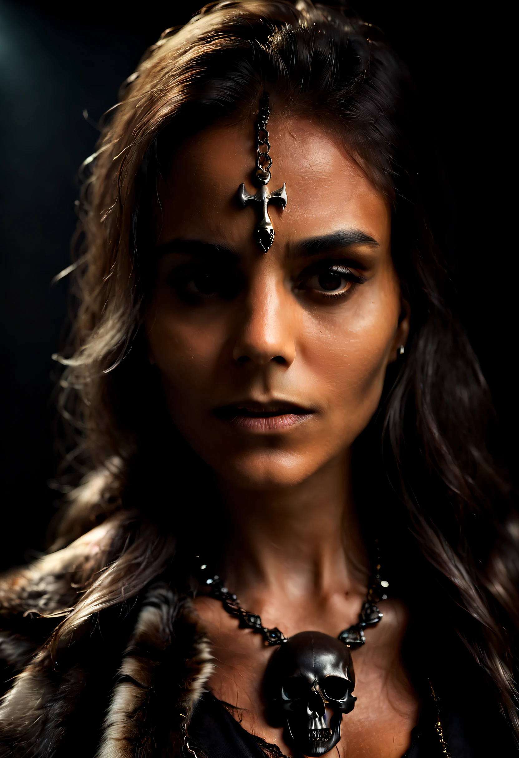 cinematic film still dramatic side lighting, dramatic intense stare closeup portrait, dark black background, hdr, dramatic beautiful brazilian woman, pelt, skull necklace, shallow depth of field, vignette, highly detailed, high budget Hollywood film, cinemascope, moody, epic, gorgeous