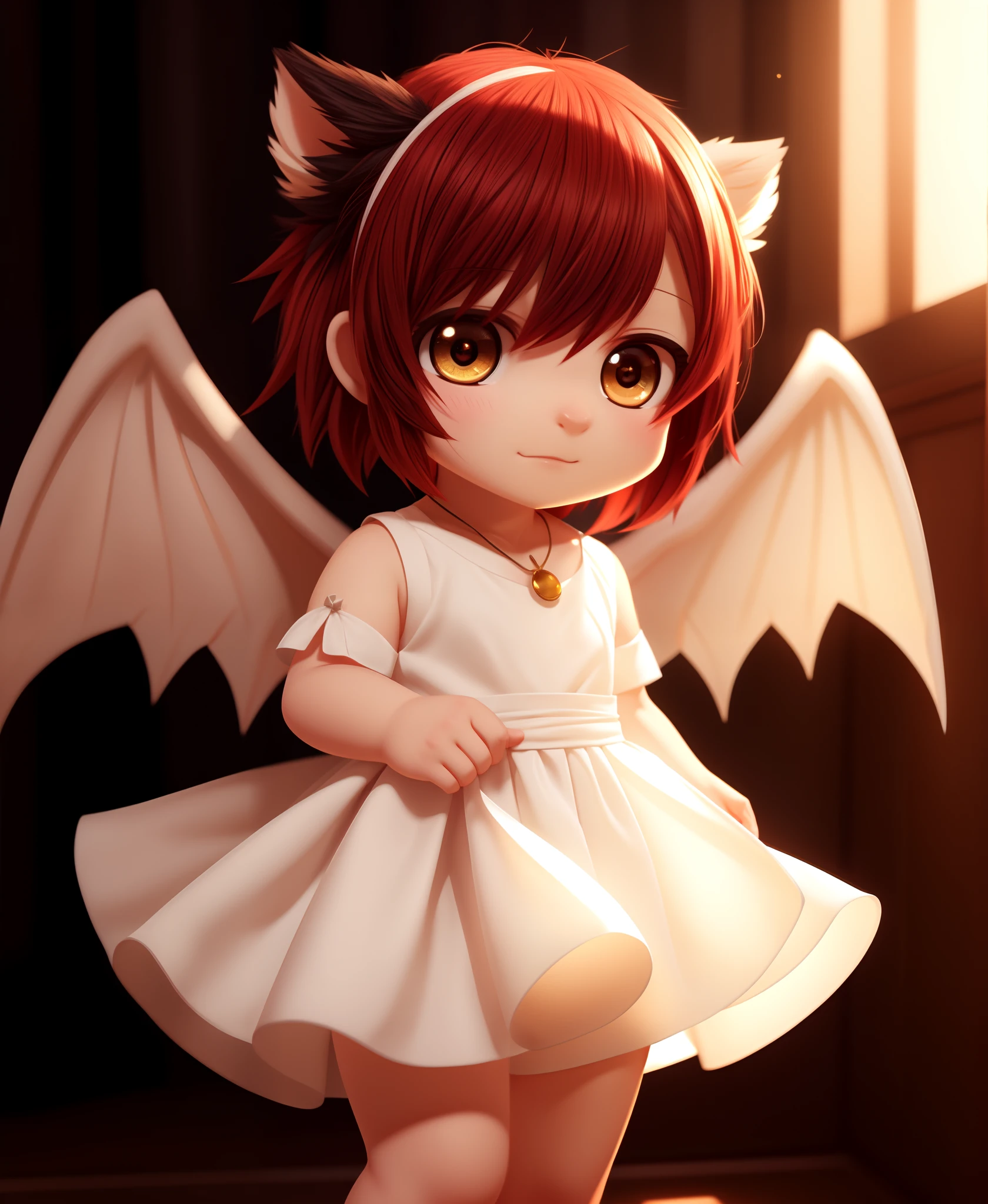 white dress, wings, tail, masterpiece, high detail, chibi, cute, hard light, cartoon, bright, volumetric light
uploaded on e621, by Castitas, by Makoto Shinkai, 1girl, multicolored hair, golden eyes, red hair, (black hair:0.5), medium hair