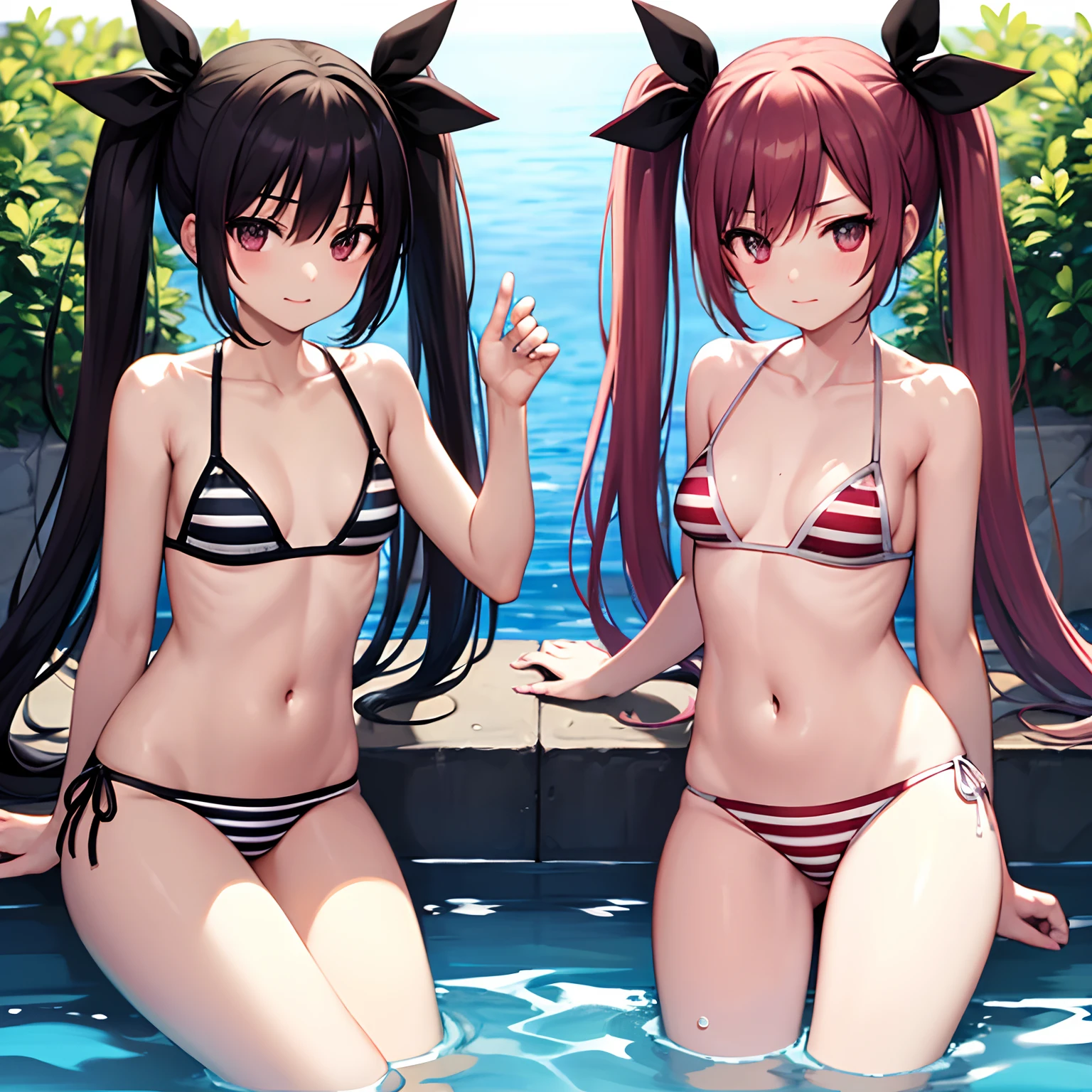 (masterpiece), best quality, expressive eyes, perfect face, twintails, hair ribbon, black ribbon, swimming pool background, red bikini with white stripes, small chest, cleavage