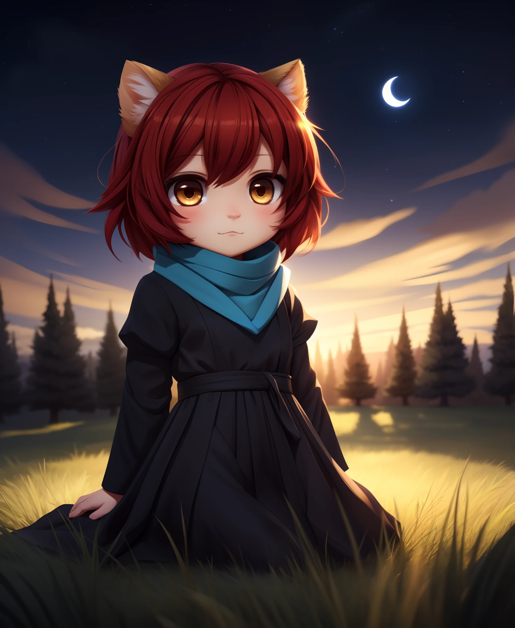 black dress, blue scarf, looking at viewer, night, stars, grass, tree, clouds, masterpiece, high detail, 1girl, multicolored hair, golden eyes, red hair, (black hair:0.5), medium hair, chibi, cute, hard light, cartoon, bright, volumetric light
uploaded on e621, by Castitas, by Makoto Shinkai