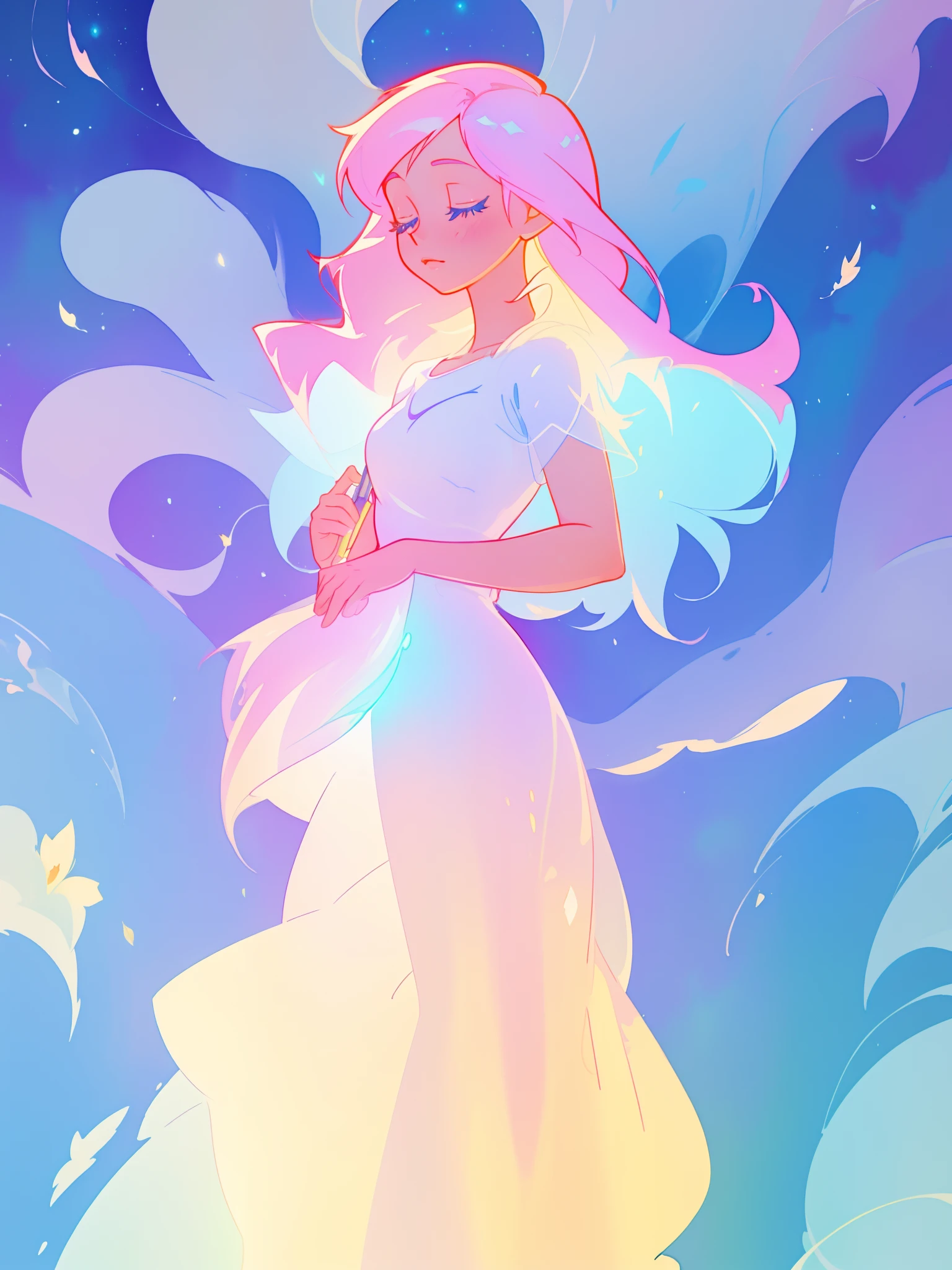 beautiful girl in white dress, fairy dress, long colorful liquid hair, watercolor illustration, inspired by Glen Keane, inspired by Lois van Baarle, disney art style, by Lois van Baarle, glowing aura around her, by Glen Keane, jen bartel, glowing lights! digital painting, flowing glowing hair, glowing flowing hair, beautiful digital illustration, fantasia otherworldly landscape plants flowers, beautiful, masterpiece, best quality, anime disney style