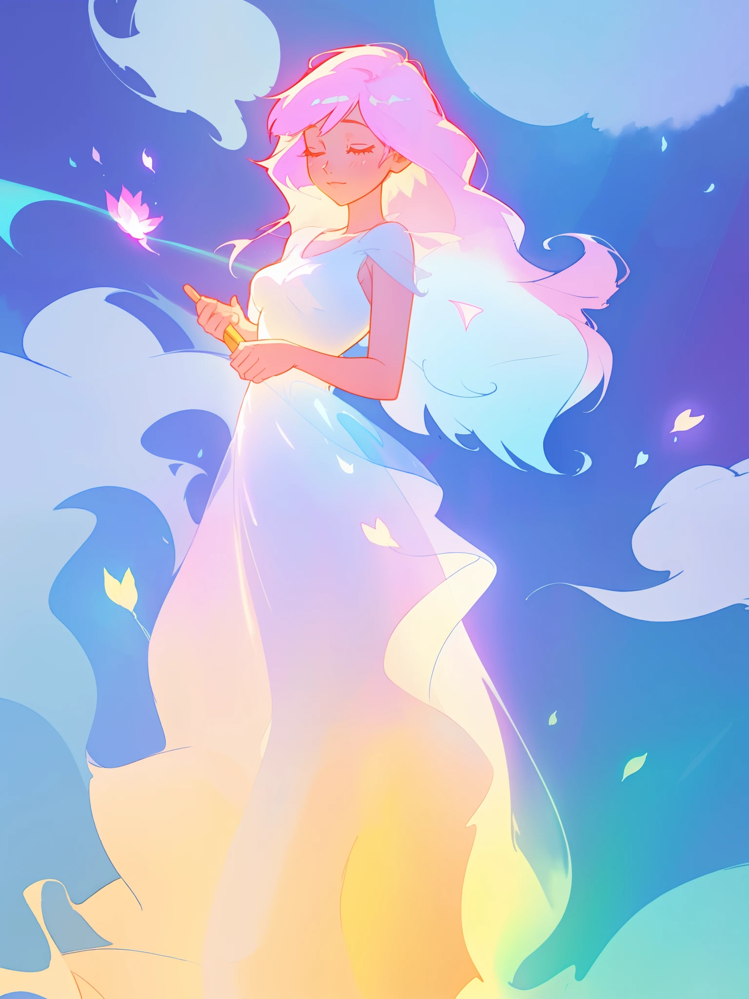 beautiful girl in white dress, fairy dress, long colorful liquid hair, watercolor illustration, inspired by Glen Keane, inspired by Lois van Baarle, disney art style, by Lois van Baarle, glowing aura around her, by Glen Keane, jen bartel, glowing lights! digital painting, flowing glowing hair, glowing flowing hair, beautiful digital illustration, fantasia otherworldly landscape plants flowers, beautiful, masterpiece, best quality, anime disney style