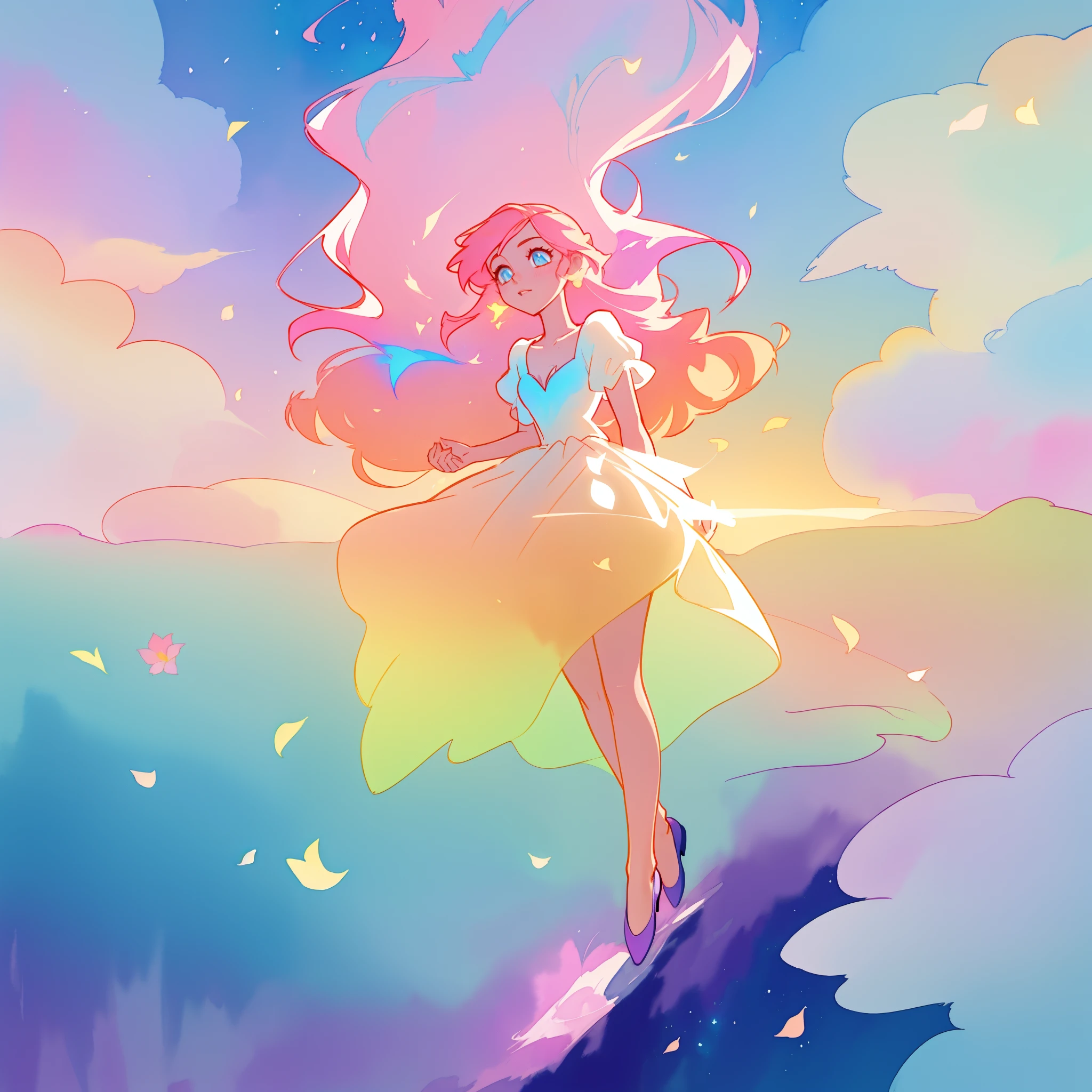 beautiful girl in ombre gradient dress, fairy dress, long golden pink hair, colorful watercolor background, watercolor illustration, inspired by Glen Keane, inspired by Lois van Baarle, disney art style, by Lois van Baarle, glowing aura around her, by Glen Keane, jen bartel, glowing lights! digital painting, flowing glowing hair, glowing flowing hair, beautiful digital illustration, fantasia otherworldly landscape plants flowers, beautiful, masterpiece, best quality, anime disney style