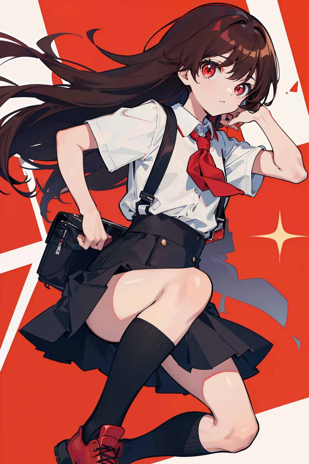 boy,red color eyes,brown hair,long whitr hair,Superskirt,black sock,schoolboy,Suspenders
