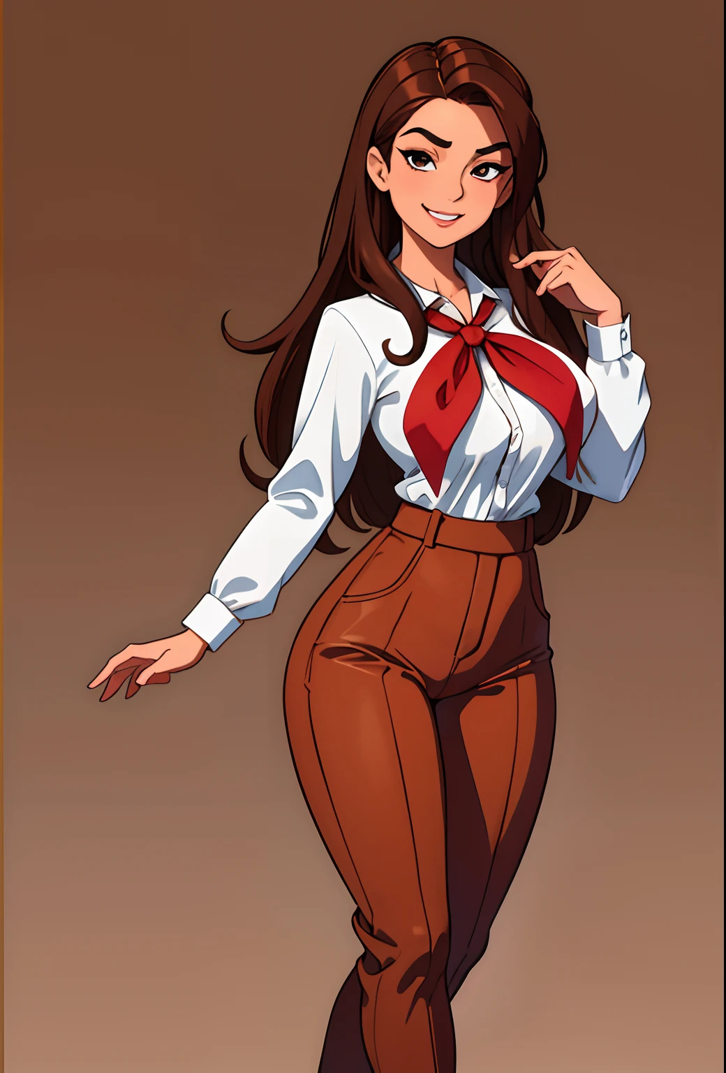 Russion doll, full body, tan skin, brown hair, medium length hair, red neckerchief, brown pants, breasts exposed, white pinstripe shirt, huge breasts 2.0, head cocked, smirk, masterpiece, best quality solid color background