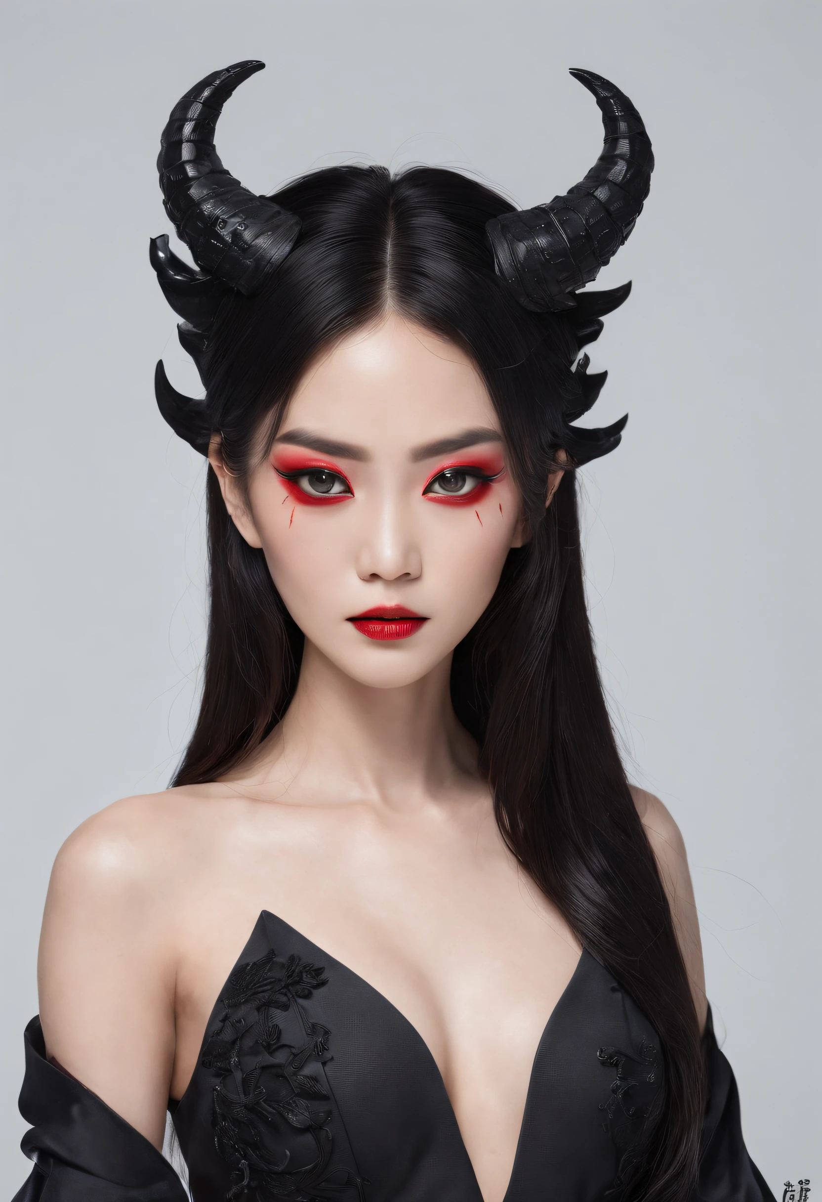 Demon asian woman, black make-up, perfect body, sensual pose, ultra detailed, masterpiece, long black hair, red eye, white background, black dress