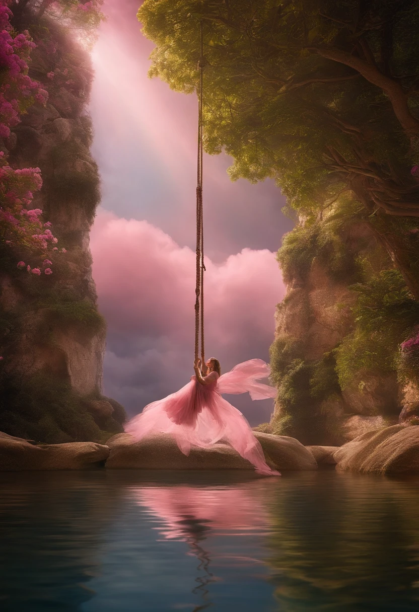 Castelo na nuvem, multi cores cuttoncandy nuvem, em Fairyland, dreamy and romantic, atmosfera sonhadora e drama, very magical and dreamy, cenas de sonho, heaven pink, na nuvem, the sky is pink, heaven, Nas nuvens brancas Fairyland, magical dream-like atmosphere, dreamy and ethereal, Still from a video clip with a girl on the swing in front of the image