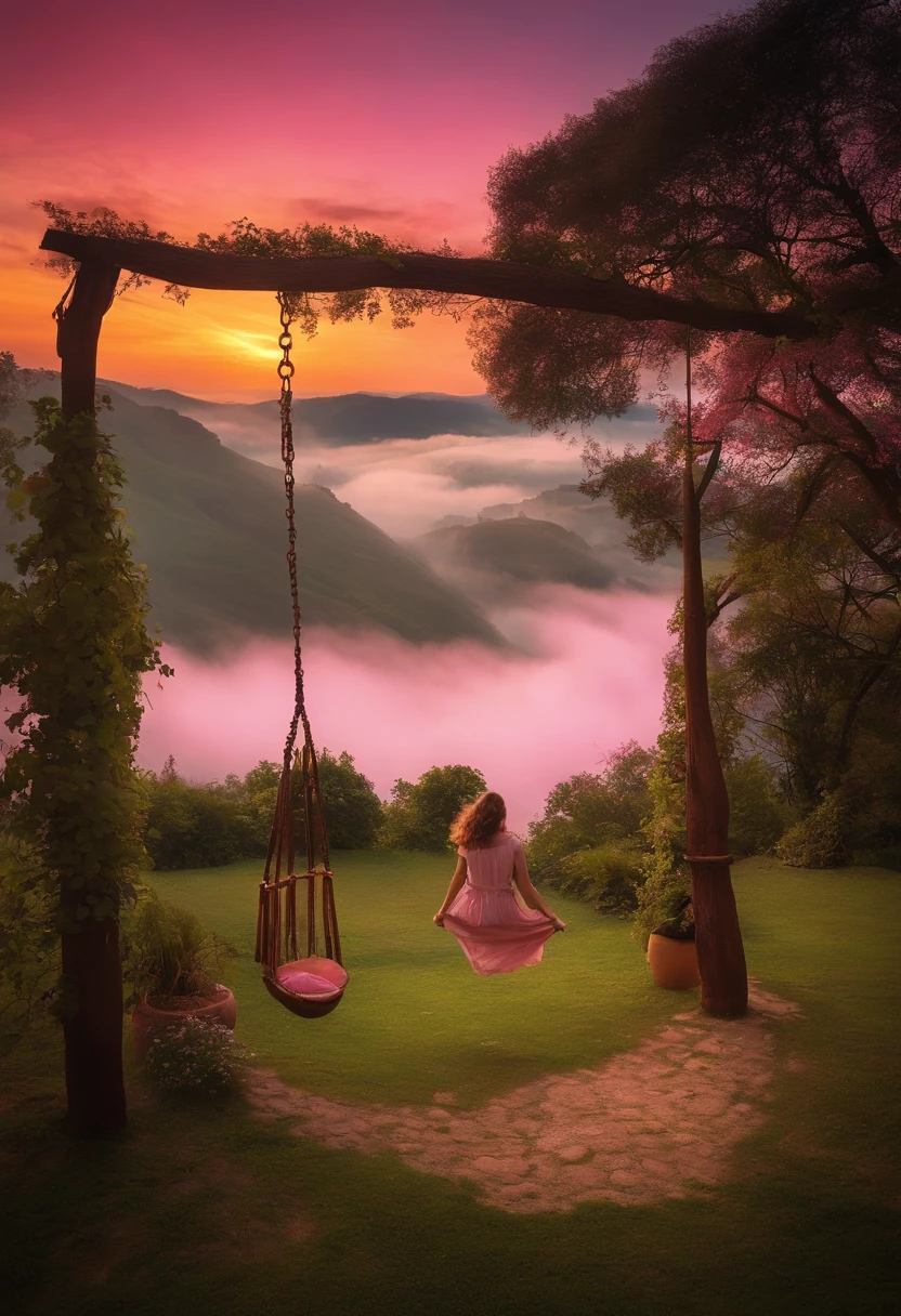 Castelo na nuvem, multi cores cuttoncandy nuvem, em Fairyland, dreamy and romantic, atmosfera sonhadora e drama, very magical and dreamy, cenas de sonho, heaven pink, na nuvem, the sky is pink, heaven, Nas nuvens brancas Fairyland, magical dream-like atmosphere, dreamy and ethereal, Still from a video clip with a girl on the swing in front of the image