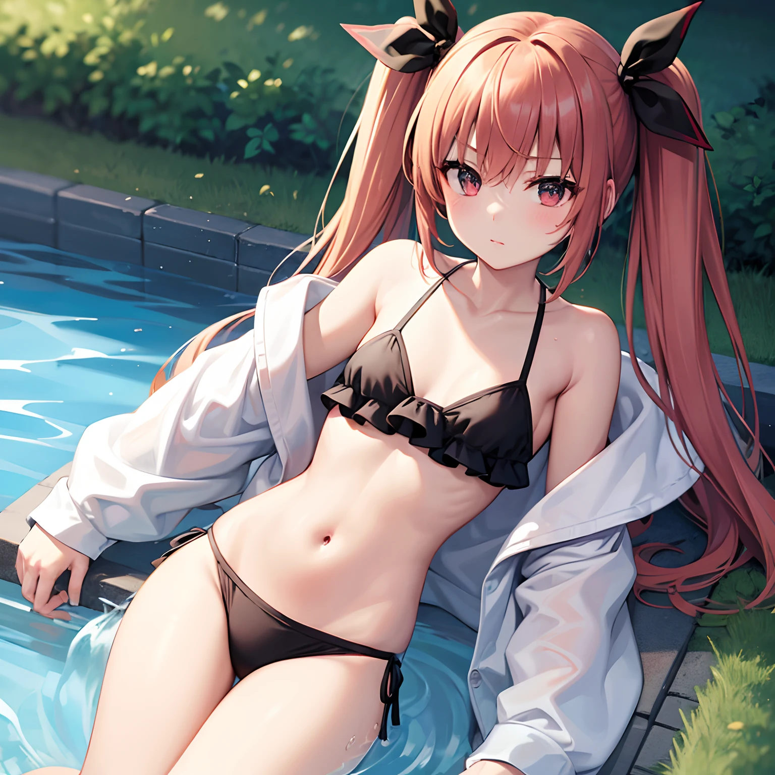 (masterpiece), best quality, expressive eyes, perfect face, twintails, hair ribbon, black ribbon, swimming pool background, red bikini with white stripes, small chest, cleavage