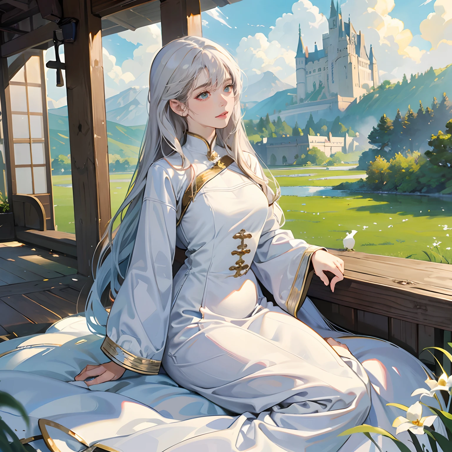 Women in Their 20s, Fantasia、offcial art, unity 8k wall paper, ultra-detailliert, beautifly、Aesthetic, masterpiece, top-quality, Photorealsitic、White Devil Taoism、Saint a girl、White clothes with cross design、White underwear、length hair、the vast grassland、Green Tree々、Majestic scenery、You can see the castle on the mountain、depth of fields, Fantastic atmosphere, Calm palette, tranquil mood, Soft shading、very large breast、plump figure、Flock of small white birds