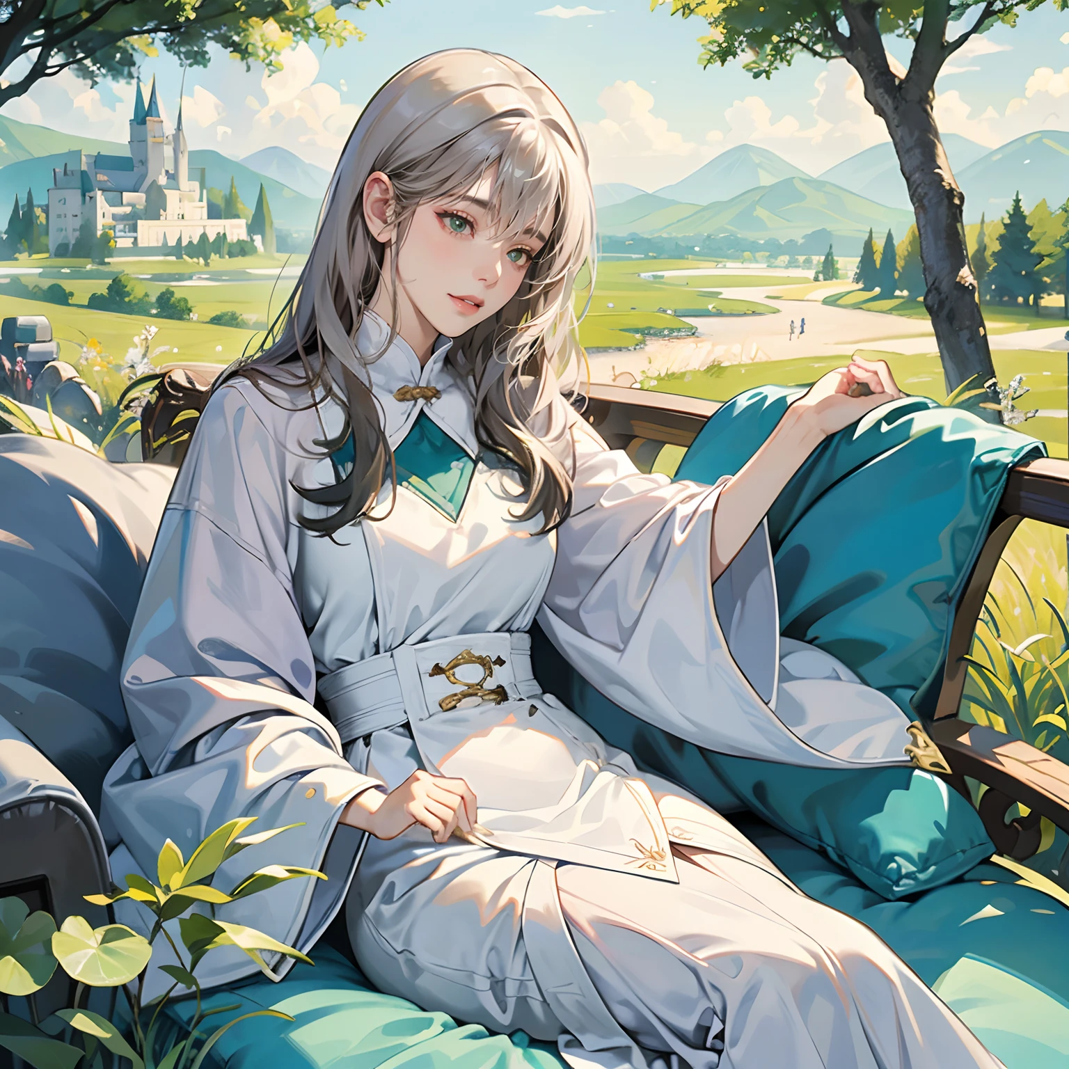 Women in Their 20s, Fantasia、offcial art, unity 8k wall paper, ultra-detailliert, beautifly、Aesthetic, ​masterpiece, top-quality, Photorealsitic、White Devil Taoism、Saint a girl、White clothes with cross design、White underwear、length hair、the vast grassland、Green Tree々、Majestic scenery、You can see the castle on the mountain、depth of fields, Fantastic atmosphere, Calm palette, tranquil mood, Soft shading、very large breast、plump figure、Flock of small white birds