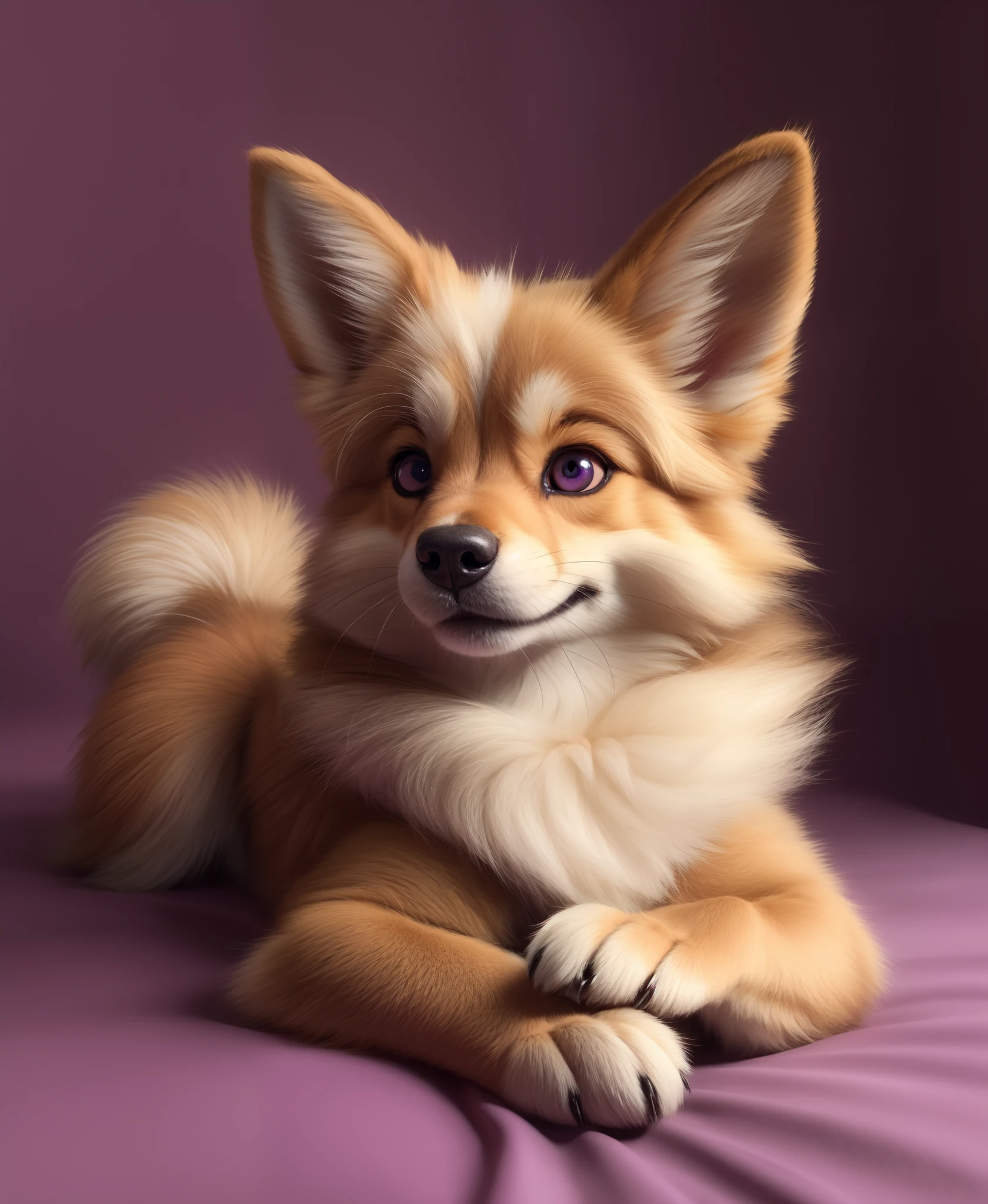 by kenket, by totesfleisch8, (by thebigslick, by silverfox5213:0.8), (by syuro:0.2), chee-riee, disney lady_and_the_tramp, angel_(lady_and_the_tramp), canid, canine canis domestic_dog, mammal, pomeranian, spitz, absurd_res, hi_res, bedroom_eyes, blue_eyes, brown_nose, cheek_tuft, eyelashes, facial_tuft, female, feral, fluffy, fluffy_tail, fur, half-closed_eyes, head_tuft looking_at_viewer, lying narrowed_eyes, on_back, one_ear_up pawpads, paws, purple_eyes, seductive, simple_background, smile, solo, spread_legs, spreading, tail, tuft, yellow_body, yellow_fu