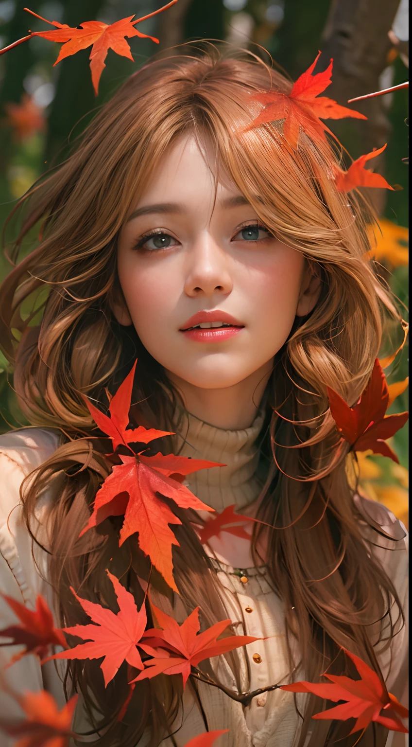 Highly detailed masterpiece 8K high-resolution content,Autumn alpine valley,Flaming red maple,eventide,Scenic beauty,Autumn leaves float in the air,There are sparkling particles fluttering,Warm light background:1 girl walking on the road,Surrealistic portraits of women by Alphonse Mucha,Laughing,hair glowing,s the perfect face,Melancholy eyes,brunette color hair,long whitr hair,Wearing an orange-pink jacket,Lazy movements,warm and comfortable,With a little cool autumn light,warm color:High saturation,Bright composition。。。。,Top-down composition ,Media components,Realistic photo style