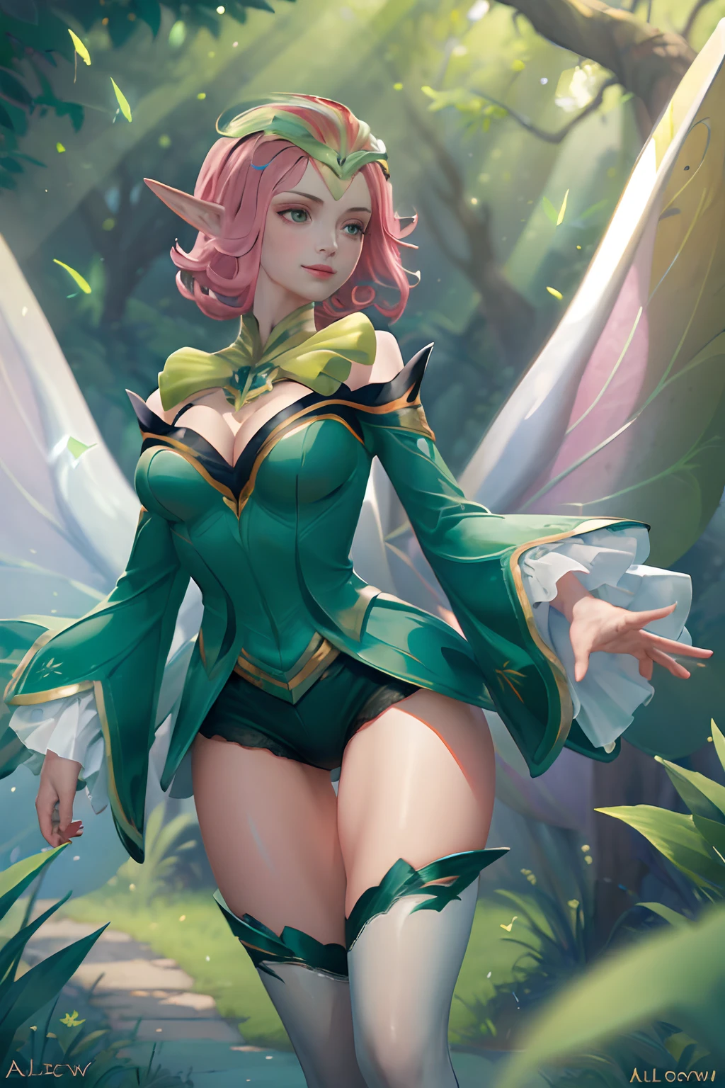(best quality, 8K, masterpiece, ultra detailed:1.2), dappled sunlight, 1 girl, pink hair, by IKZW, fairy, small, small size, fairy wings, forest, torso up, :3, clothes made out of leaves, navel, green dress, flowers on hair, elf ears, Auburn Hair, Hair curled at the ends, pink lipstick, mole under left eye, bow panties