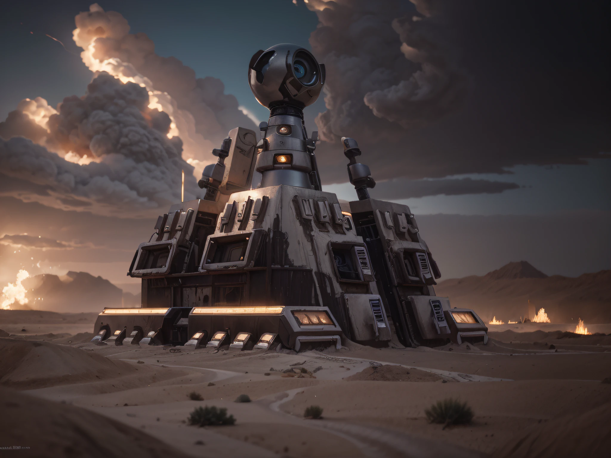 biomechanical style cyborg walker, pyramid shape, monolithic, has a purple cyborg eye on its top, dark silver color with purple details, it is in a desert, dry land, explosions and fire, Ultra detailed, Hyper realistic, 4k, Ultra detailed image, realistic, Highly detailed, perfect composition, beautiful intricately detailed incredibly detailed, 8K fine art photography, hyper detailed, Masterpiece