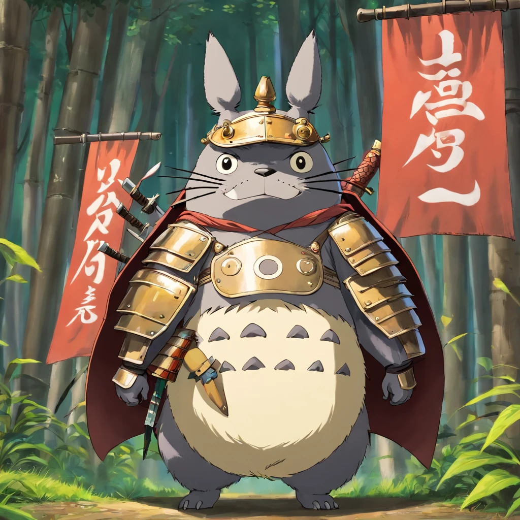 Totoro, Western samurai equipment，The whole body is covered in armor , Long knives and shields in hand，Wears samurai armor on his head，uni，No Man，No one appears