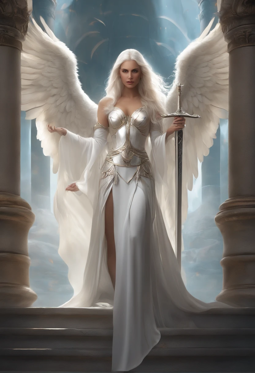 there is a woman all in white with wings and long white hair that is standing majestically in a white castle with a sword, ((highly detailed)), artgerm julie bell beeple, magic the gathering sorceress, mystical atlantean valkyrie, elfic priestess, graphic artist magali villeneuve, ethereal fantasy, style of magic the gathering, female lord of change, angel knight girl, as a mystical valkyrie