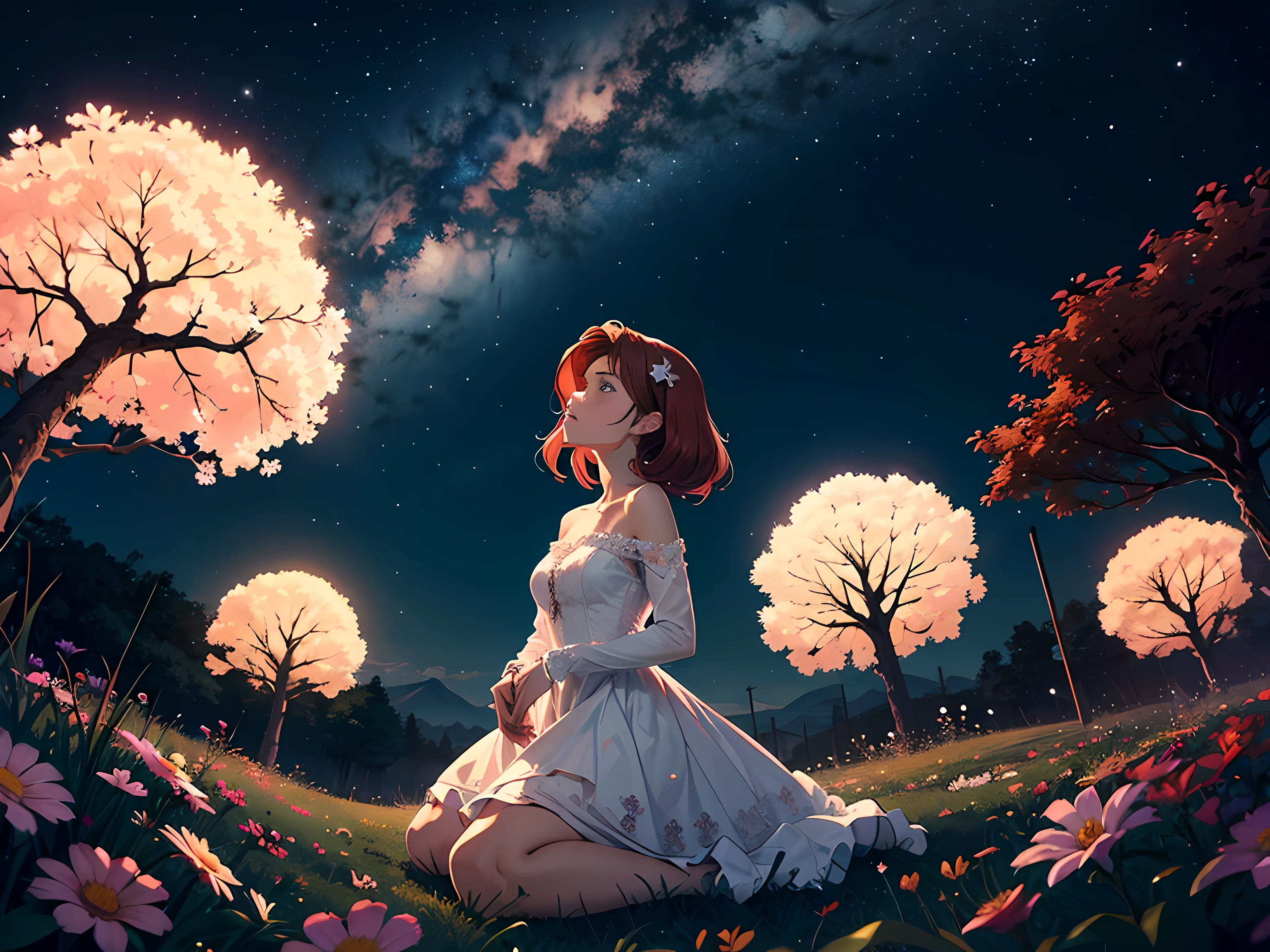 Mulher branca de longos cabelos vermelhos chorando, Mulher chorando, Mulher triste, Ruiva, Mulher ruiva, Noite com lua cheia, Lua cheia, Lua branca, Campo de flores azuis, Flores azuis, Estrada de tijolos, Arvores de cerejeira, Arvores lindas, Duas Arvores. starly sky, beautiful sky, Sky of stars