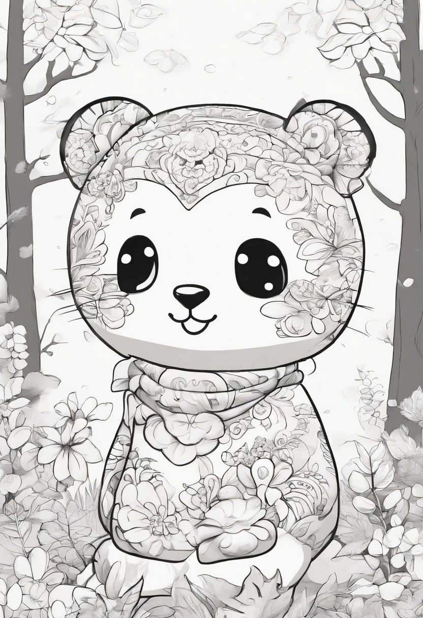 dibujo en blanco y negro para colorear, oso en el bosque