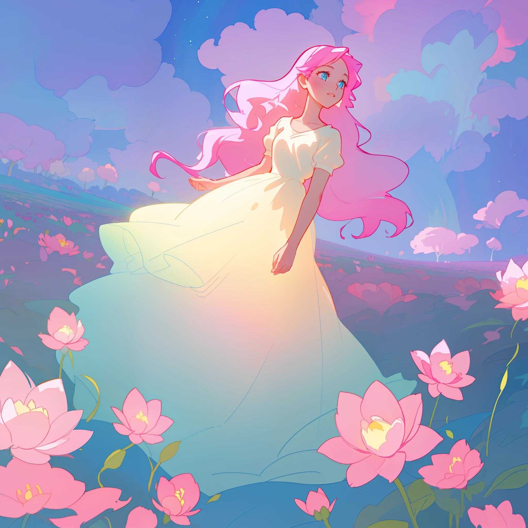 beautiful girl in puffy white ballgown, a field with circular pink red flowers, otherworldly flowers, glowing lights, whimsical landscape, long pink flowing hair, watercolor illustration, inspired by Glen Keane, inspired by Lois van Baarle, disney art style, by Lois van Baarle, glowing aura around her, by Glen Keane, jen bartel, glowing lights! digital painting, flowing glowing hair, glowing flowing hair, beautiful digital illustration, fantasia otherworldly landscape plants flowers, beautiful, masterpiece, best quality, anime disney style