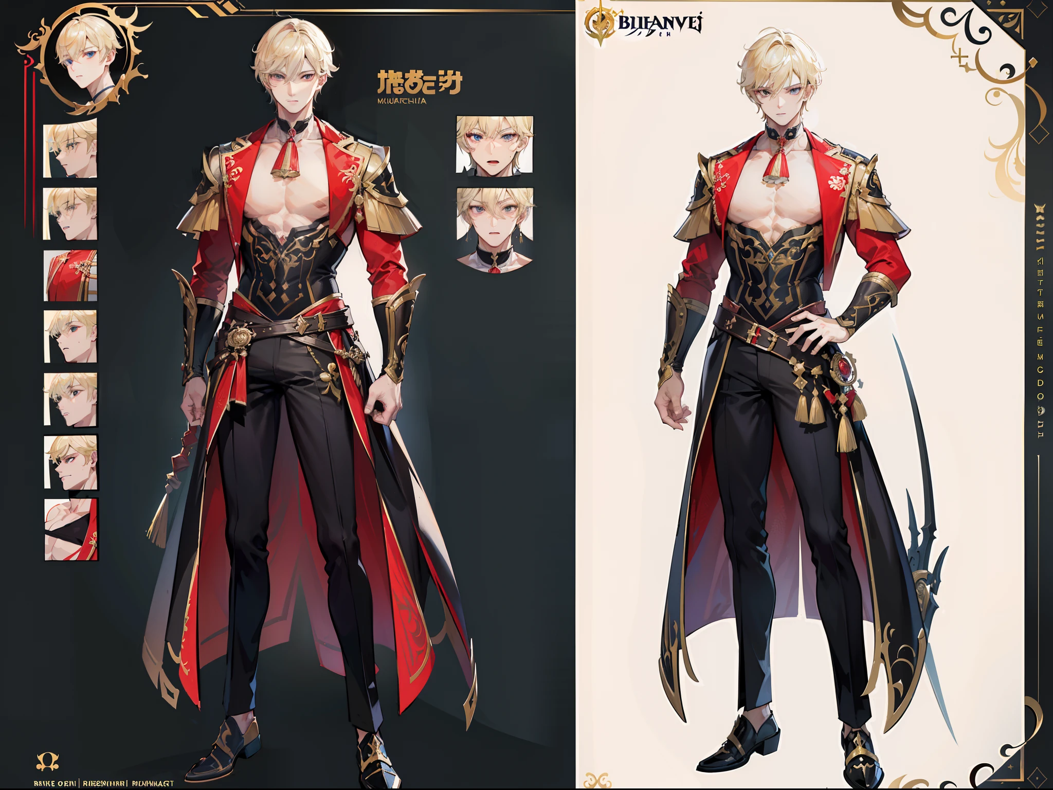 ((Masterpiece, Highest quality)), Male, boy, Detailed face, character design sheet， full bodyesbian, Full of details, frontal body view, back body view, Highly detailed, Depth, Many parts, Muscle boy with ponytail long blonde hair，handsome man, muscle body, vampire outfit clothes, Genshin Impact, man tall,