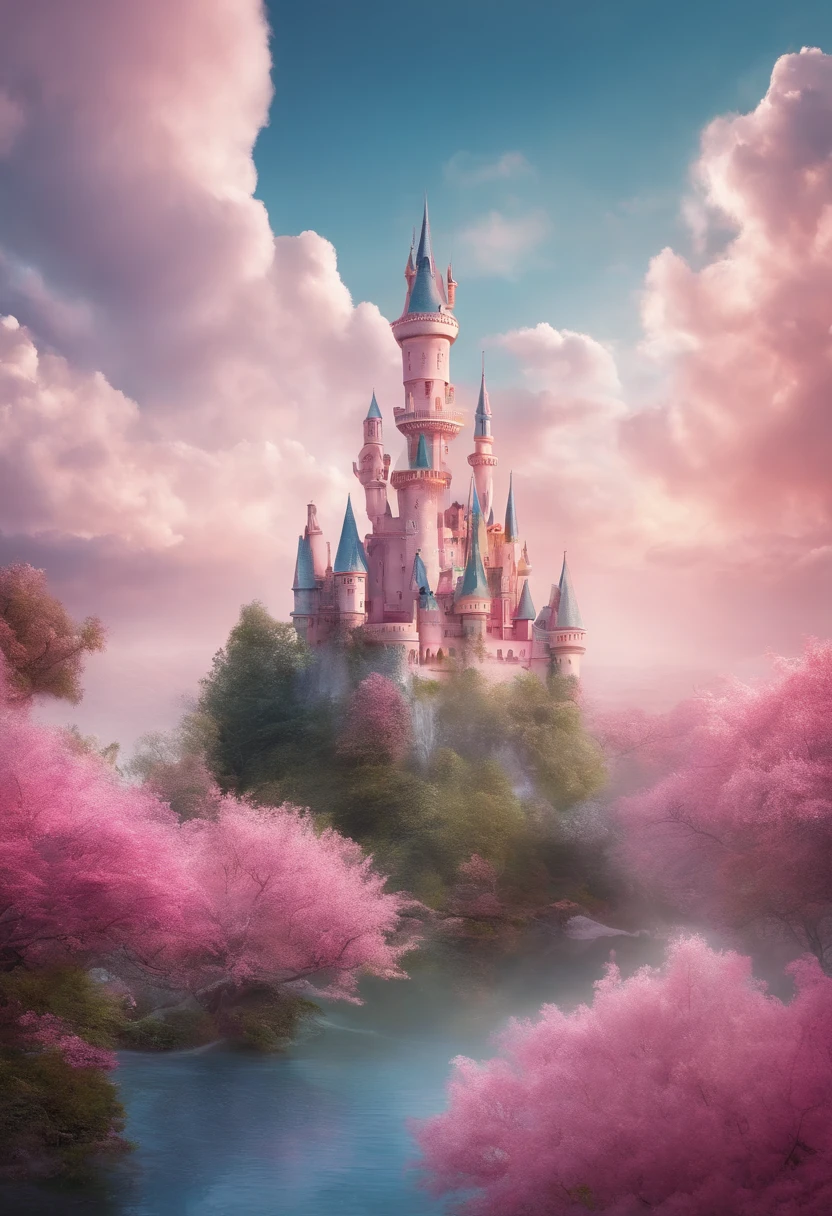 desenho art castle on the cloud, multi colors cuttoncandy cloud, in fairyland, dreamy and romantic, dreamy atmosphere and drama, very magical and dreamy, dreamy scenes, heaven pink, on cloud, the sky is pink, Heaven, in the white clouds fairyland, magical dream-like atmosphere, Dreamy and ethereal, still from a music video