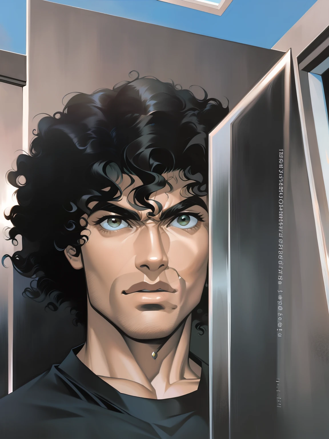 handsome man with a black shirt holding a large knife, a black man with long curly hair, curly middle part haircut, around 19 years old, with afro, curly afro, curls on top of his head, with haunted eyes and curly hair, dark shorter curly hair, curly haired, with no beard, with long curly hair, messy curly hair, handsome, perfect face, strong jawline, intimidating, chiseled features, dark skin, muscular neck