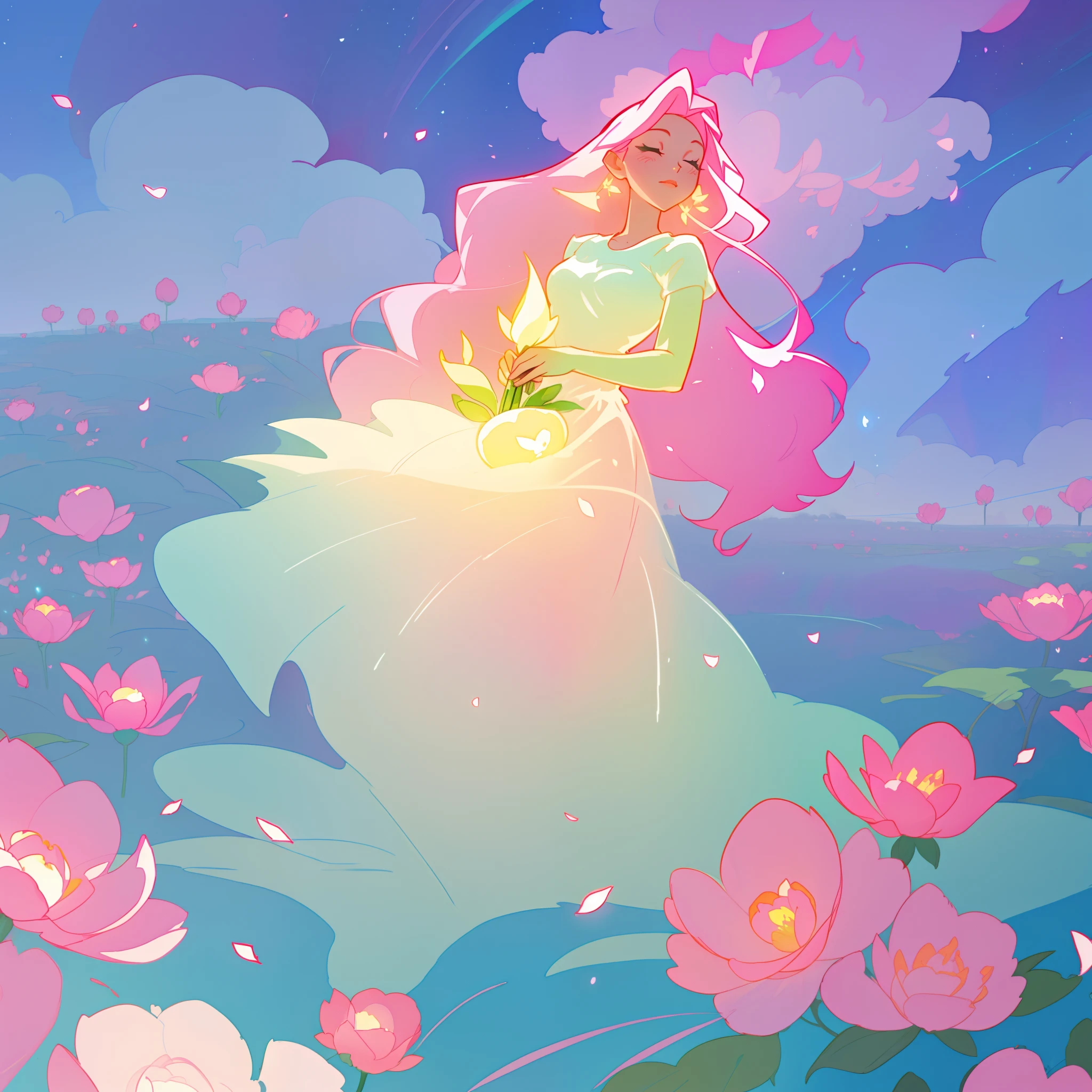 beautiful girl in puffy white ballgown, a field with circular pink red flowers, otherworldly flowers, glowing lights, whimsical landscape, long pink flowing hair, watercolor illustration, inspired by Glen Keane, inspired by Lois van Baarle, disney art style, by Lois van Baarle, glowing aura around her, by Glen Keane, jen bartel, glowing lights! digital painting, flowing glowing hair, glowing flowing hair, beautiful digital illustration, fantasia otherworldly landscape plants flowers, beautiful, masterpiece, best quality, anime disney style