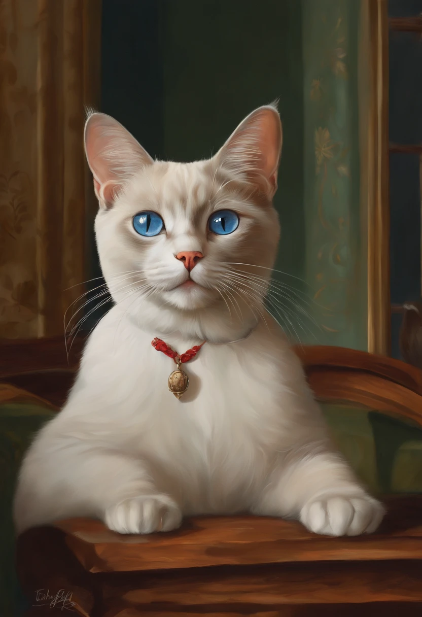 There was a cat sitting next to a glass of milk, Gato bebiendo leche, Illustration of 1 Siamese cat atrigrade red point, ojos azules grisaceos, Ilustraciones ultrarrealistas, Ilustraciones ultrarrealistas, hypperrealistic illustration, un gato. Pintura realista, autor:Wayne Inglaterra, realistic illustration, Ilustraciones ultrarrealistas, retrato, Cerrar retrato, Surrealismo premiado, autor:Lisa Mirroy, por Galen Dara