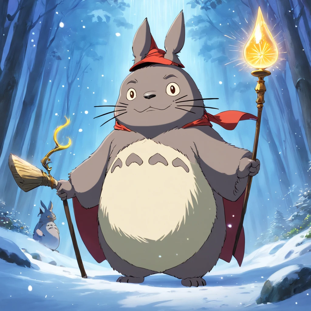 Totoro, Mage robes , Staff in hand,Wearing a wizard hat,snowfield,Cast magic,Spell Surrounding,No Man,No one appears