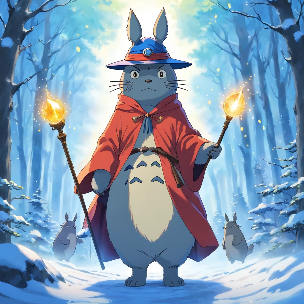 Totoro, Mage robes , Staff in hand,Wearing a wizard hat,snowfield,Cast magic,Spell Surrounding,No Man,No one appears