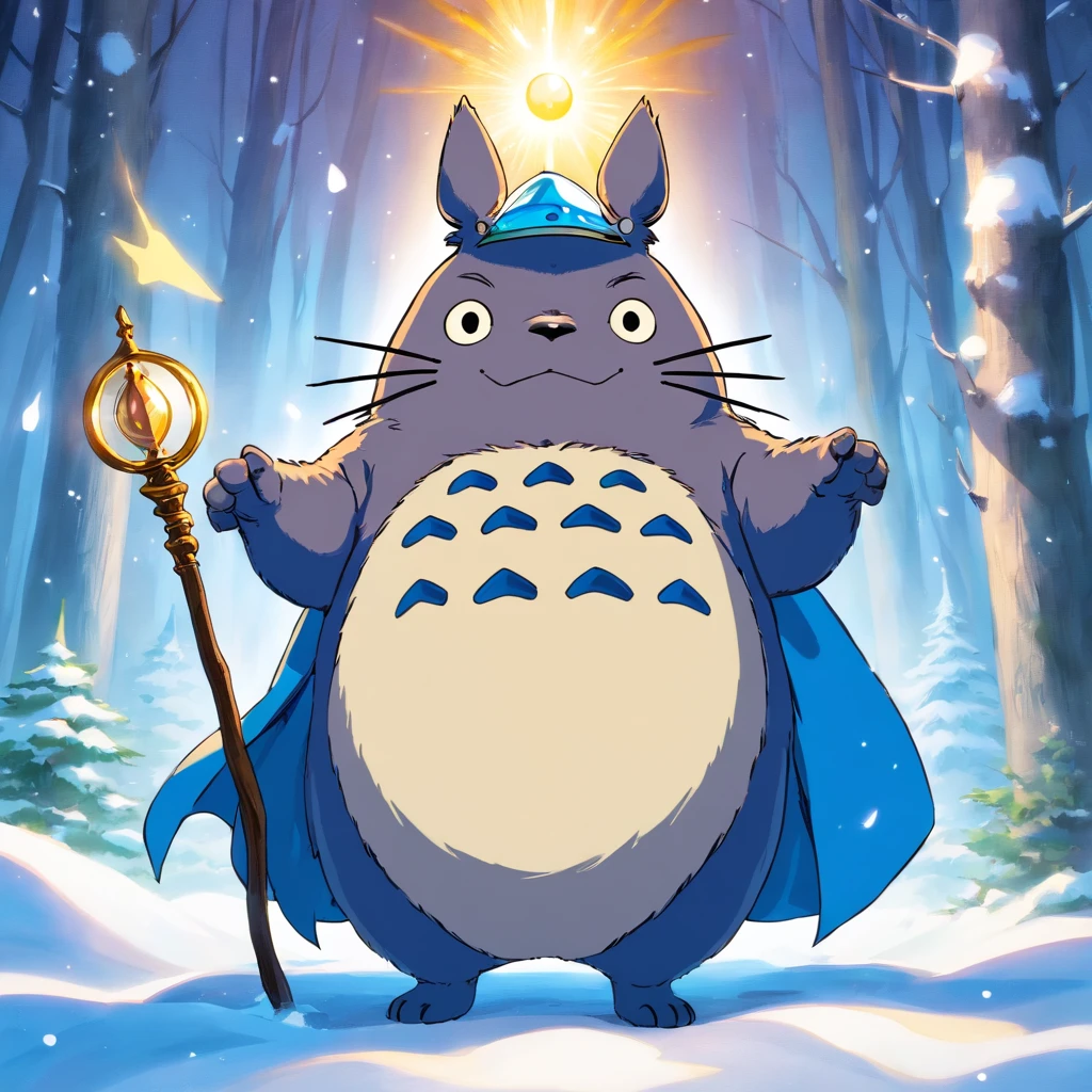 Totoro, Mage robes , Staff in hand,Wearing a wizard hat,snowfield,Cast magic,Spell Surrounding,No Man,No one appears