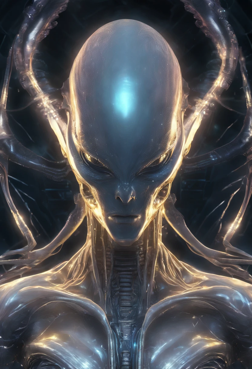 dj, producer, fantchar, a translucent ethereal alien with delicate features in a sci-fi setting, glowing from within, sparks and lights, moonlight, moon, close-up, realistic, highly detailed, intricate,