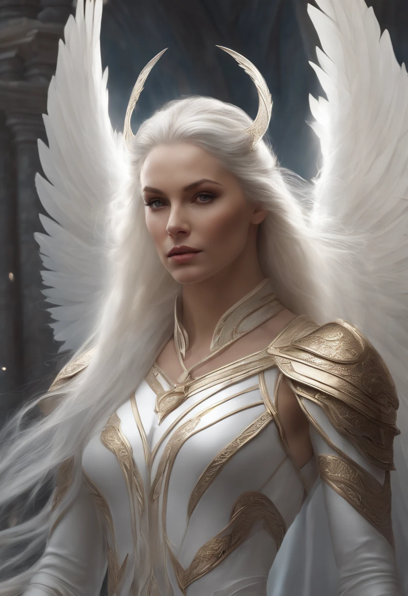 there is a woman all in white wth pale white skin with metallic wings and long white hair that is standing majestically in a white castle with a sword, ((highly detailed)), artgerm julie bell beeple, magic the gathering sorceress, mystical atlantean valkyrie, elfic priestess, graphic artist magali villeneuve, ethereal fantasy, style of magic the gathering, female lord of change, angel knight girl, as a mystical valkyrie