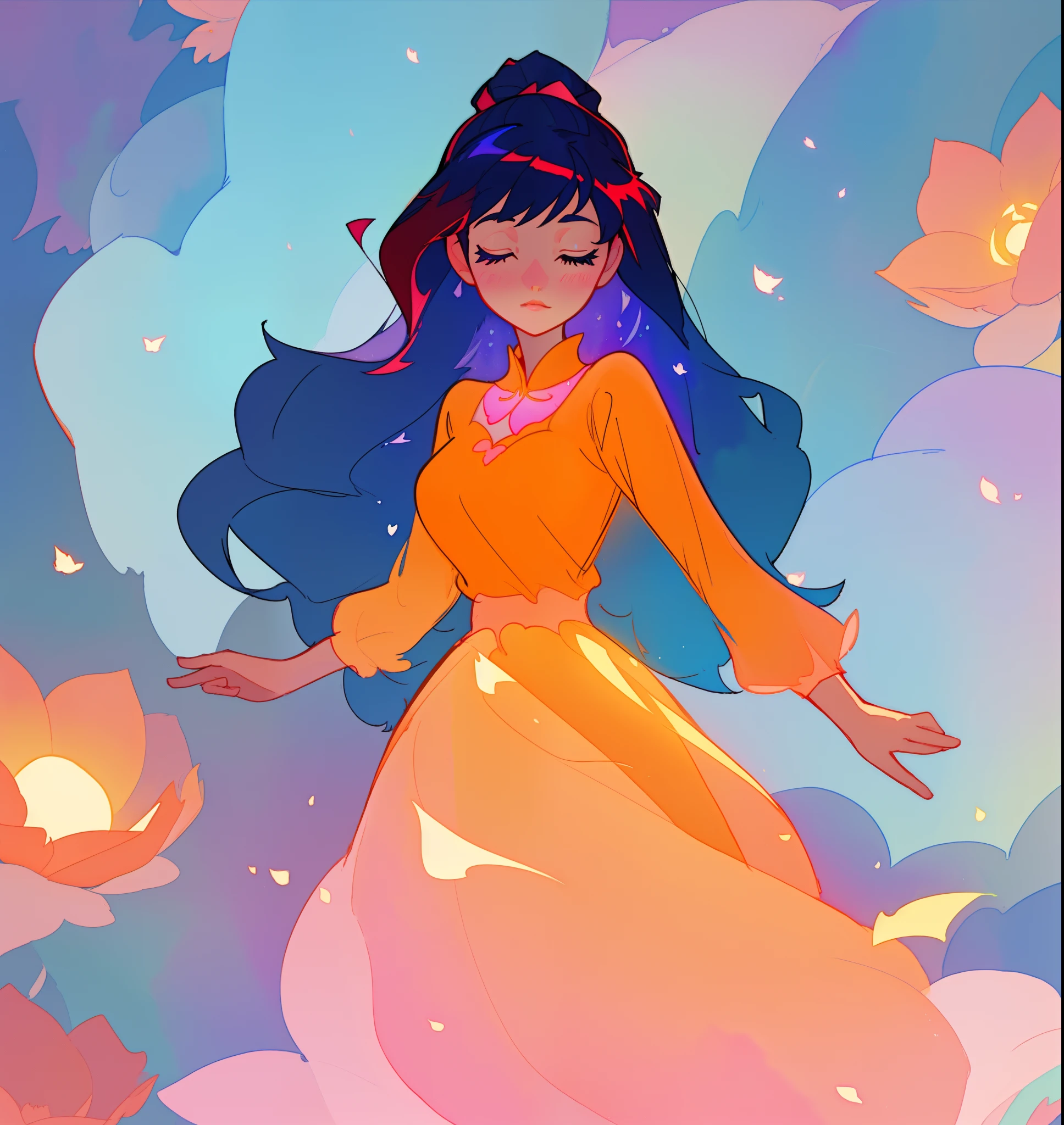beautiful girl in puffy ballgown, princess, whimsical circular watercolor background, long dark hair, watercolor illustration, inspired by Glen Keane, inspired by Lois van Baarle, disney art style, by Lois van Baarle, glowing aura around her, by Glen Keane, jen bartel, glowing lights! digital painting, flowing glowing hair, glowing flowing hair, beautiful digital illustration, fantasia otherworldly landscape plants flowers, beautiful, masterpiece, best quality, anime disney style