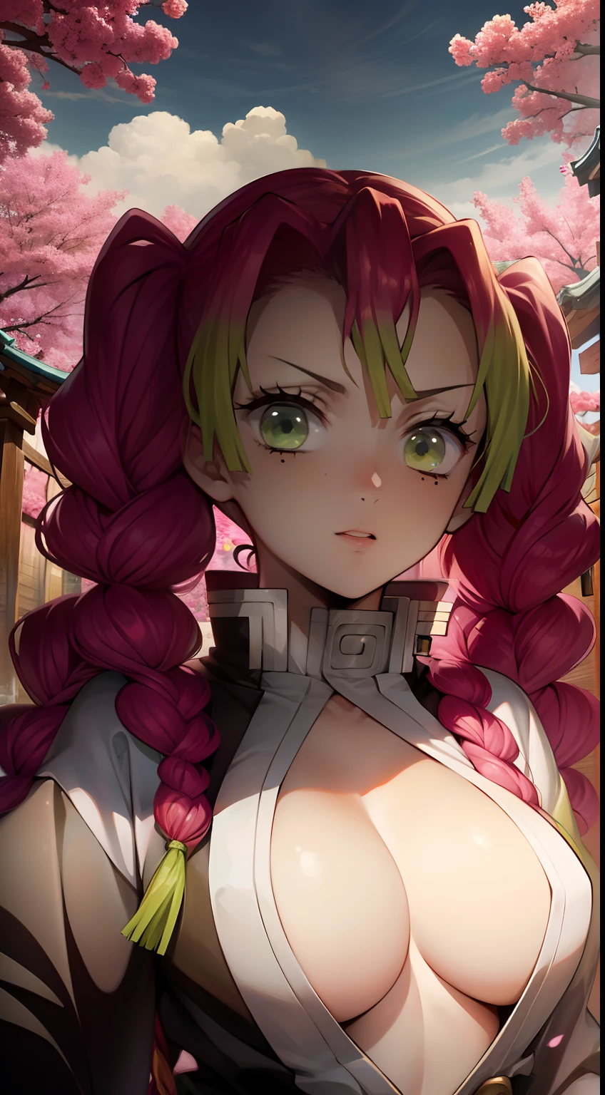 epic composition, Battle, combat stance, Hot springs, a 1girl, beautiful big breasts, old Japan, rose hair, Bright green color at the ends of the hair, MitsuriKanroji,stands in full growth, (Body Full 1:1), Dazzling, pectorals, In art: Demon Slayer, Demon Slayer Art Style, demon slayer rui fanart, badass anime 8 k, Demon Slayer, Anime Key Art, 4 k manga wallpapers, kimetsu no yaiba, anime wallaper, Ultra Transparent, Ultra Detailed, very extremely beautiful, anime epic artwork, Anime Art Wallpapers 8K, Local Art & epic composition, very extremely beautiful, beautiful breasts, old Japan, (tmasterpiece, beste-Qualit),