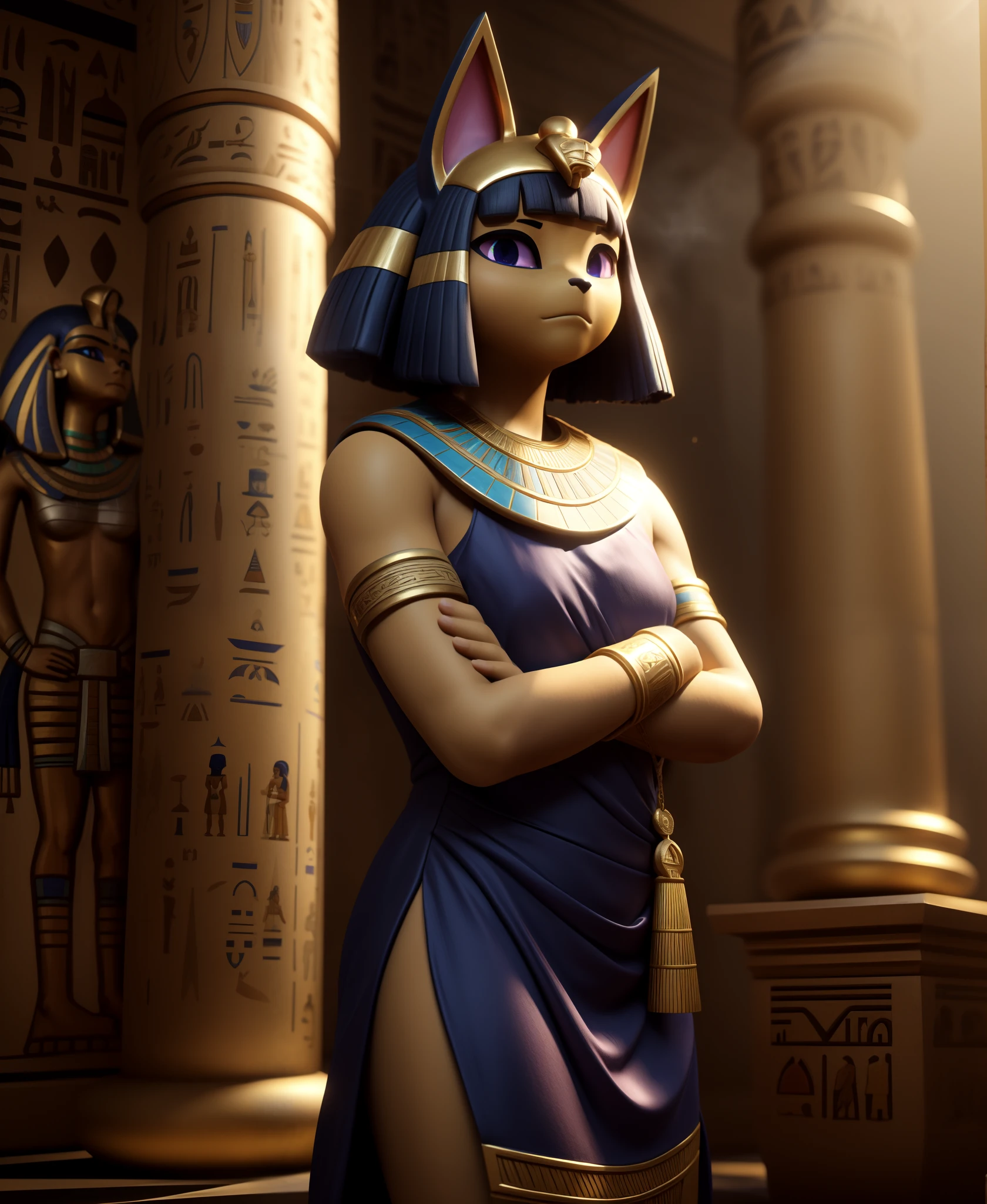 uploaded on e621, ((by Hyilpi, by Supplesee, by Dagasi, Animal Crossing)),
solo ((chibi ankha \(animal crossing\))) with ((yellow body)) and (navy blue short hair) and (purple hypnotic eyes),
(wear egyptian white dress, egyptian mythology, flat chested,:<, crossed arms:1.2), ((detailed fluffy fur)),
(three-quarter portrait, looking at viewer, three-quarter view:1.35),
BREAK
(egyptian room, yellow wall, egyptian symbol:1.25), (starry, fog, mist)
(detailed background, depth of field, half body shadow, sunlight, ambient light on the body),
(digital painting \(artwork\), photoshop \(medium\), painttool sai \(medium\):1.3)
(masterpiece, best quality, ultra realistic, 4k, 2k, (high detail:1.3),
(3d \(artwork\):1.2), blender \(software\), (soft focus:1.1), ray tracing, (unreal engine:1.3), absurd res)