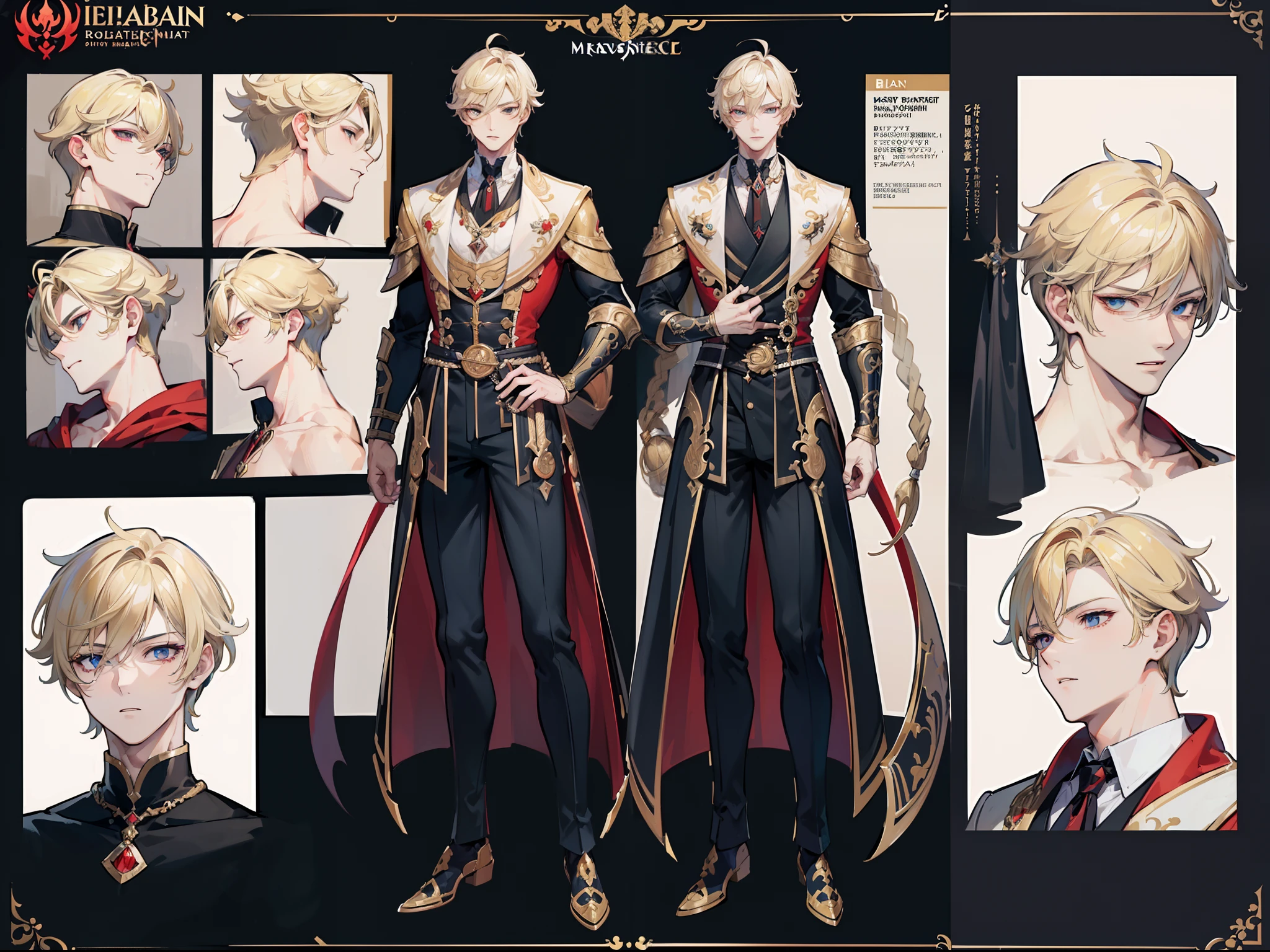 ((Masterpiece, Highest quality)), Male, boy, Detailed face, character design sheet， full bodyesbian, Full of details, frontal body view, back body view, Highly detailed, Depth, Many parts, Muscle boy with blonde long hair，handsome man, vampire outfit clothes, Genshin Impact, man tall