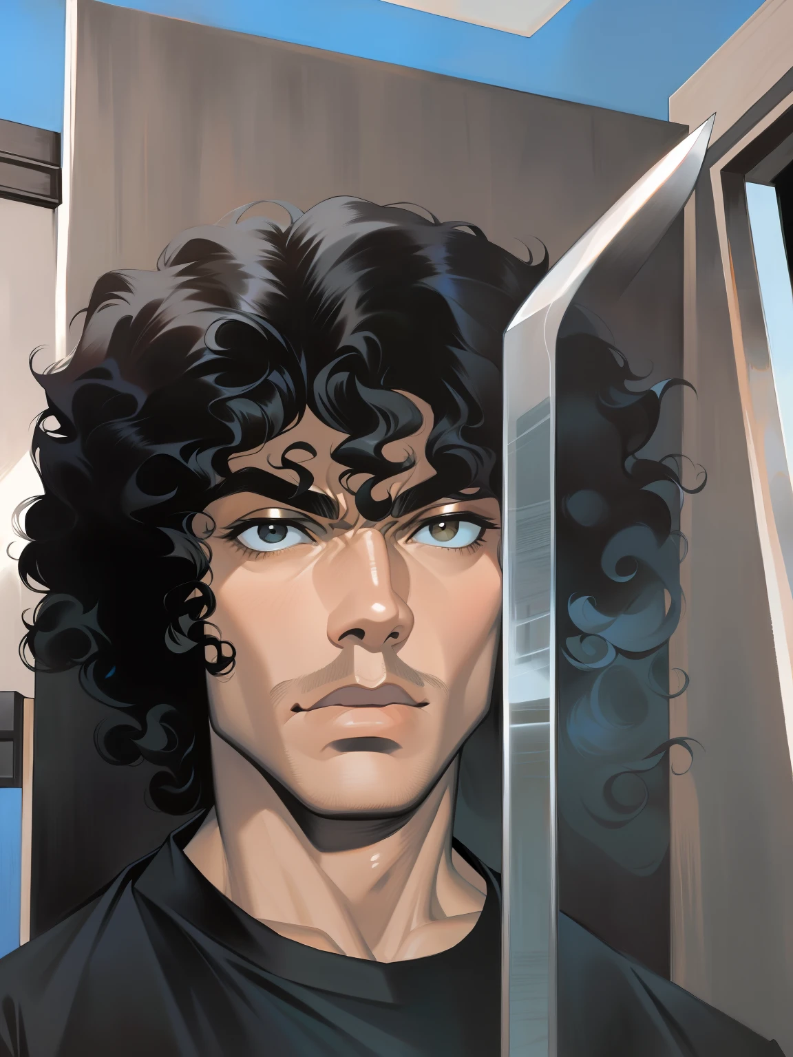 handsome man with a black shirt holding a large knife, a black man with long curly hair, curly middle part haircut, around 19 years old, with afro, curly afro, curls on top of his head, with haunted eyes and curly hair, (dark shorter curly hair), curly haired, with no beard, with long curly hair, messy curly hair, handsome, perfect face, strong jawline, intimidating, chiseled features, serrated blade, rough-hewn appearance,