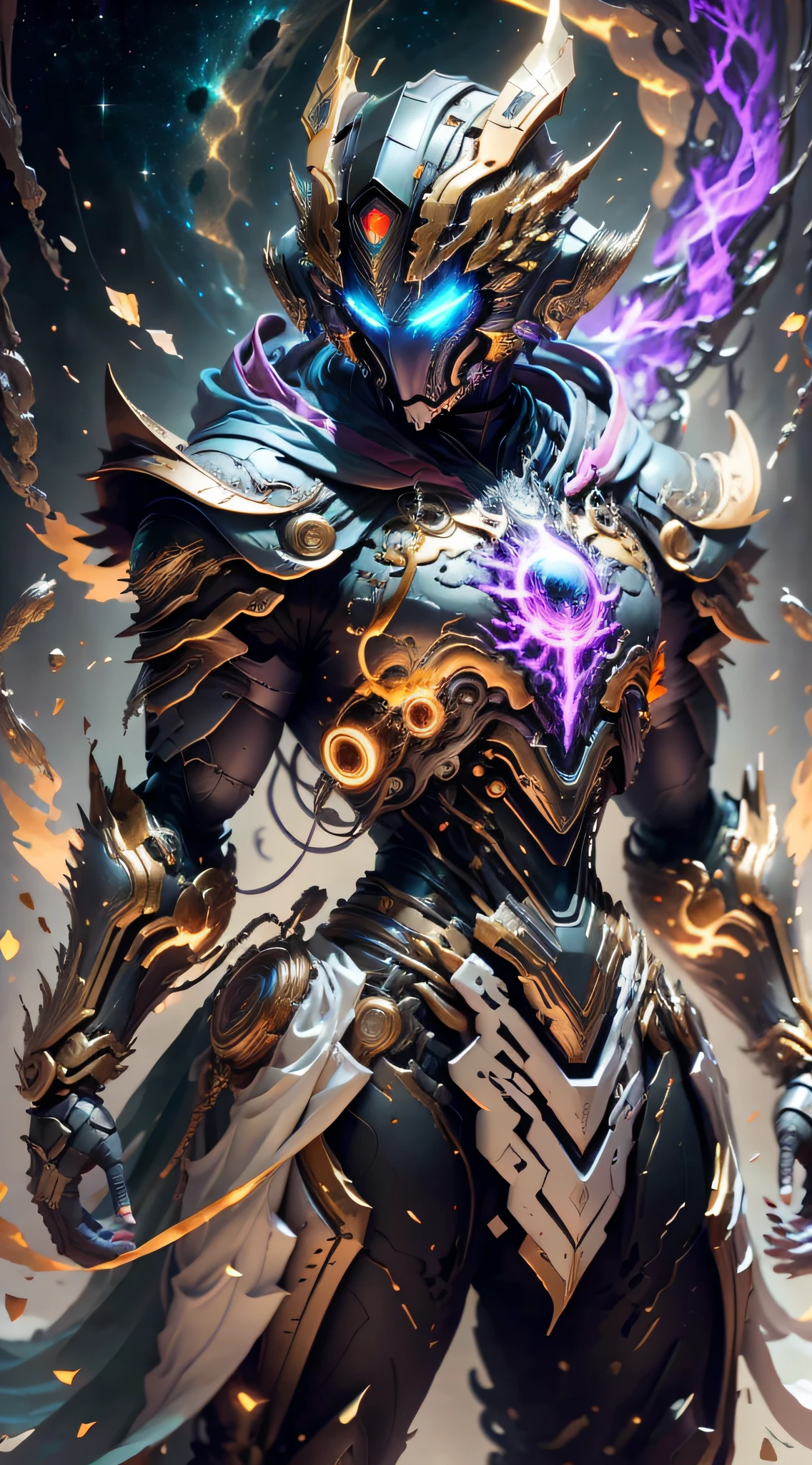 A Dragon Emperor in the Milky Way, Sun Surface on background, Golden Saint Seiya Limb Armor, (Cloak), (Dragon Symbol: 1.5), (Gundam Exia: 1.5), (Starry Sky: 1.8) (Mecha) (Mechanical) (Armor), (Open leg: 1.3), Perfect, (Wide Angle), (Black Background: 1.6), Best Quality, Masterpiece, Super Resolution, (Reality: 1.4), Crazy Detail, Unrealistic Engine Style, Boca Effect, David La Chapelle style lens, bioluminescent palette: light blue, light gold, light pink, bright white, wide angle, ultra-fine, cinematic still life, vibrant, Sakimichan style, perfect eyes, highest image quality 8K, inspired by Harry Winston, Canon EOS R 6 shooting masterpiece "Chaos 50,--, under eye mole, ray tracing, surrealism, textured skin