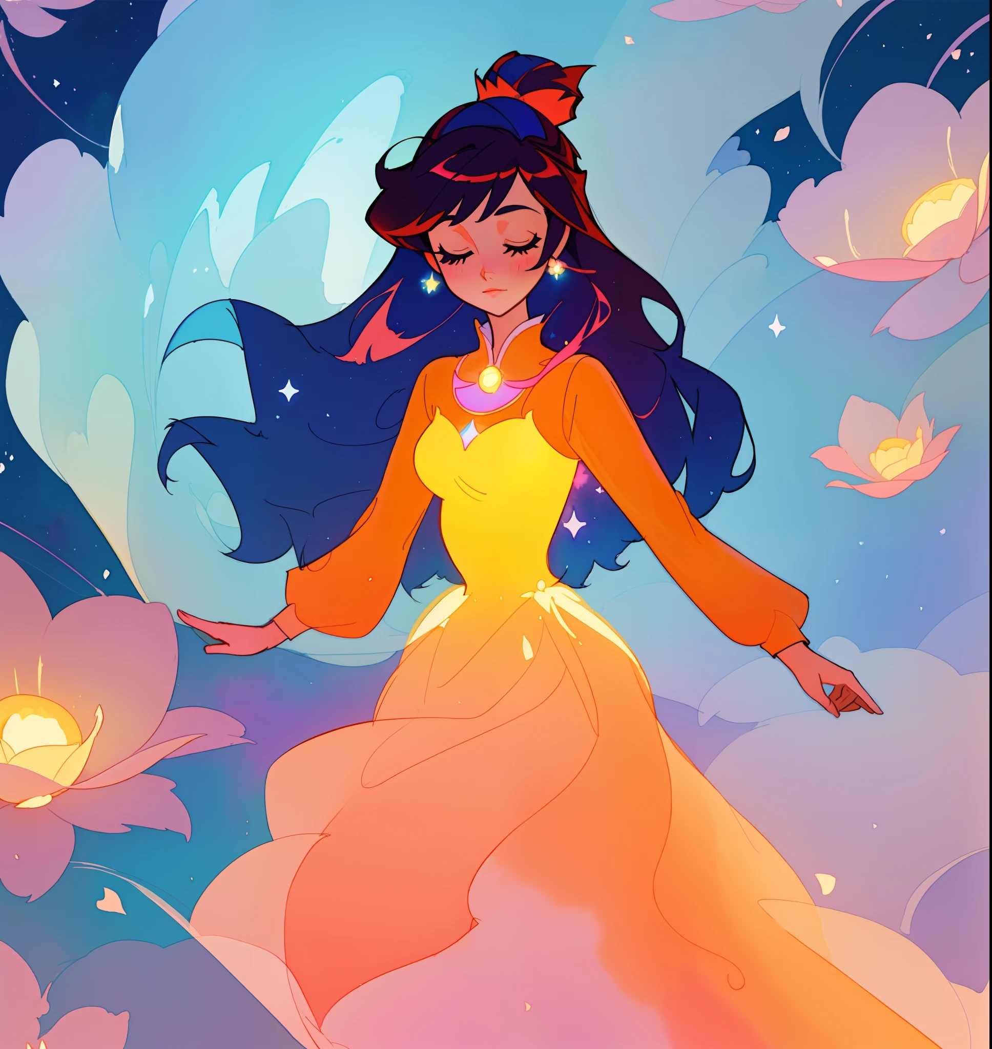 beautiful girl in puffy ballgown, princess, whimsical circular watercolor background, long dark hair, watercolor illustration, inspired by Glen Keane, inspired by Lois van Baarle, disney art style, by Lois van Baarle, glowing aura around her, by Glen Keane, jen bartel, glowing lights! digital painting, flowing glowing hair, glowing flowing hair, beautiful digital illustration, fantasia otherworldly landscape plants flowers, beautiful, masterpiece, best quality, anime disney style