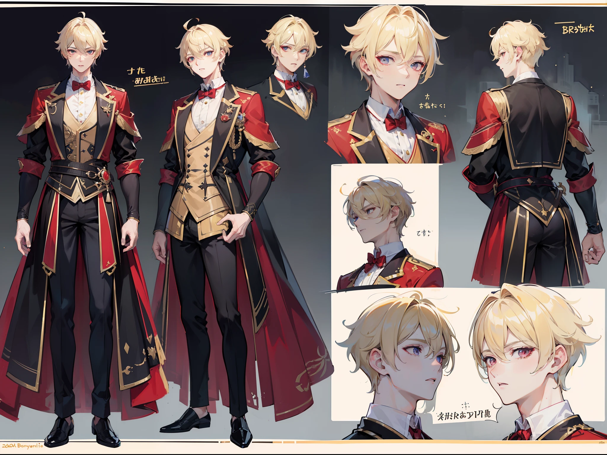 ((Masterpiece, Highest quality)), Male, boy, Detailed face, character design sheet, full bodyesbian, Full of details, frontal body view, back body view, Highly detailed, Depth, Many parts, Muscle boy with blonde hair,handsome man, vampire outfit clothes, Genshin Impact, man tall