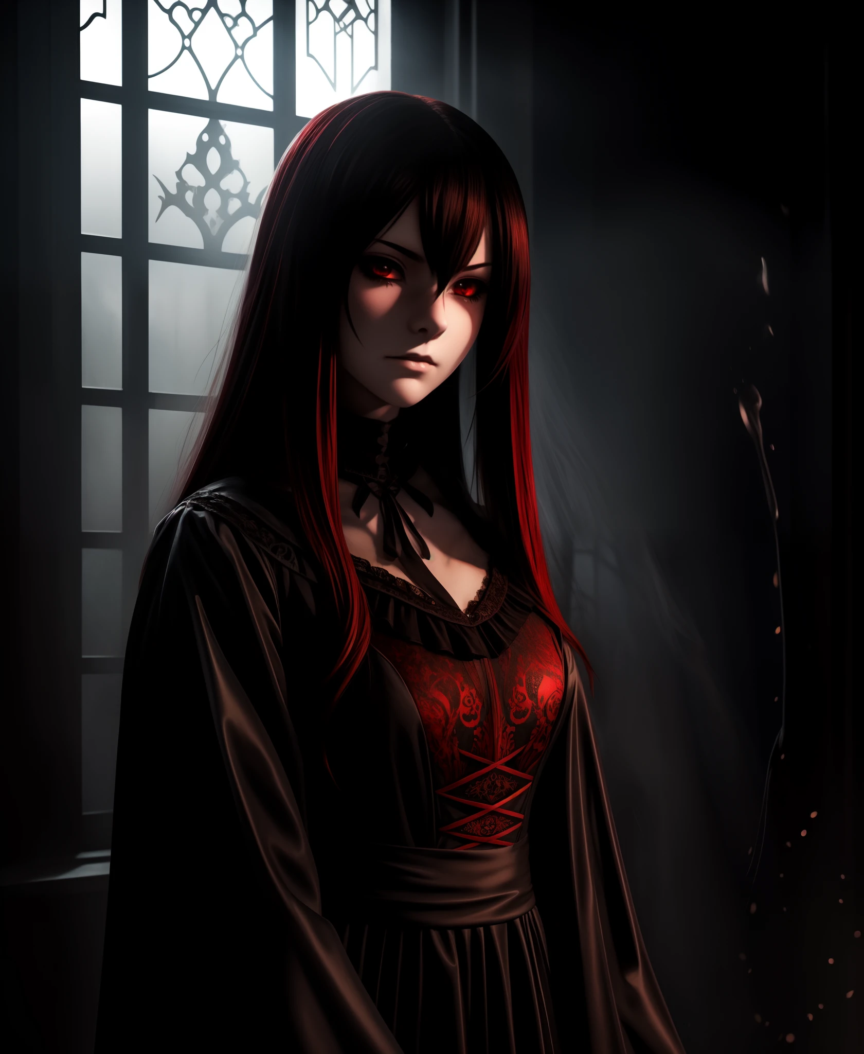 portrait of a beautiful anime girl wearing a gothic dress, in a dark and moody atmosphere filled with white mist, indoor dimlight, (black and red ink splash:1.2)