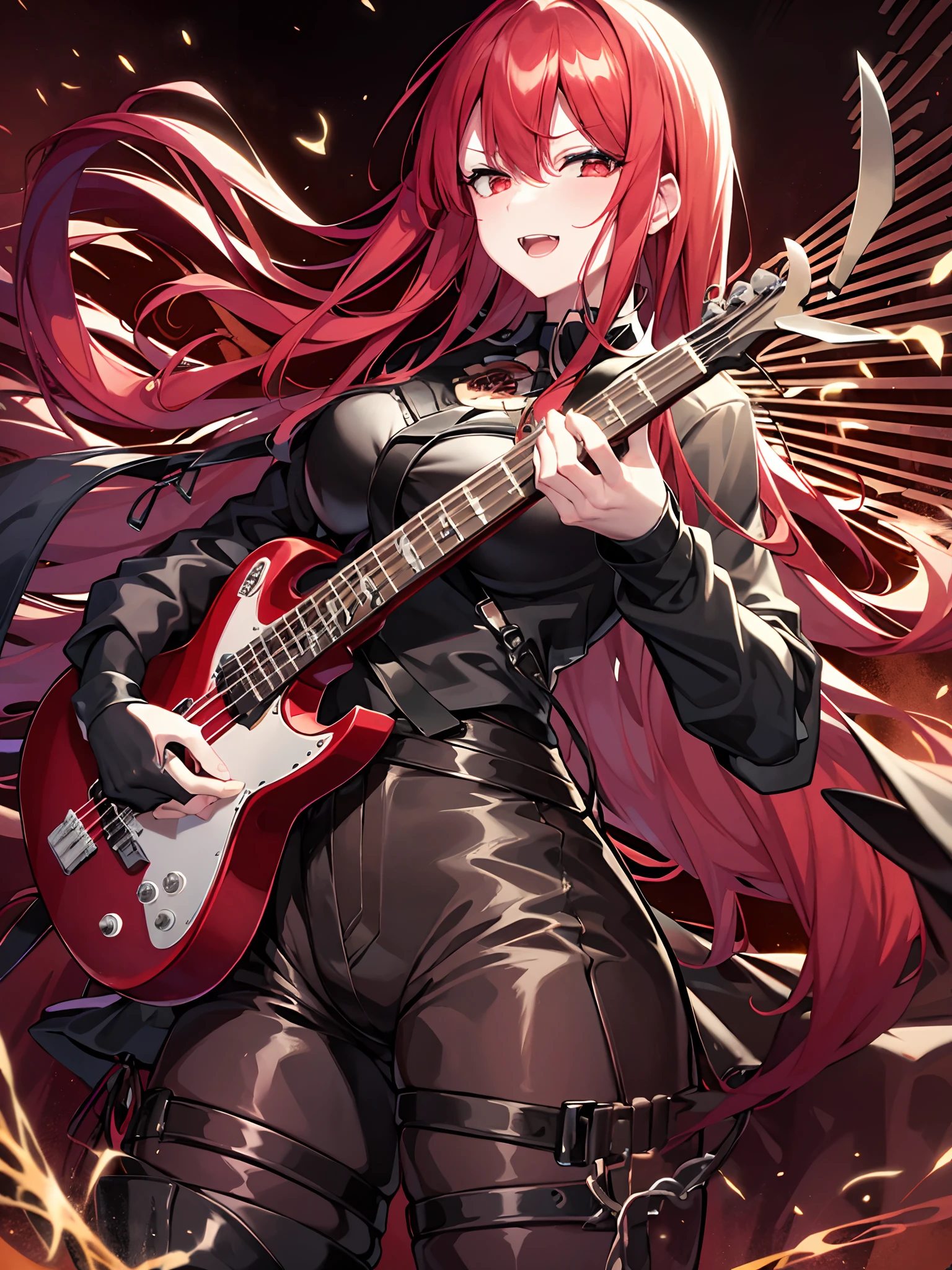 mulher, red hair, Cabelos Longos, anime, seios, Olhos vermelhos, Comics, sozinho, cabelo sobre um olho, cabo, Rockeira, franja, seios grandes, sorrir, tocando baixo eletrico, Electric bass instrument in your hands, electric bass, baixo eletrico completo de 4 cordas, os dedos dela  (Playing electric bass, Have an electric bass, 4 cordas), foto de corpo inteiro.